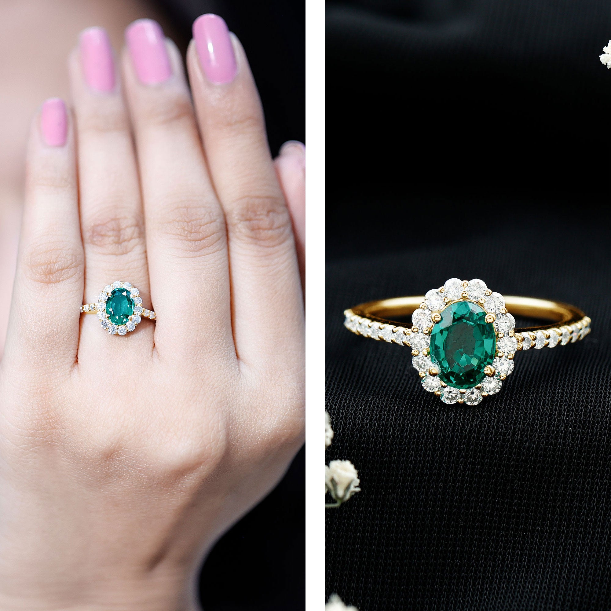 Certified 1.2 Carat Oval Lab Grown Emerald Halo Engagement Ring AAAA - Rosec Jewels