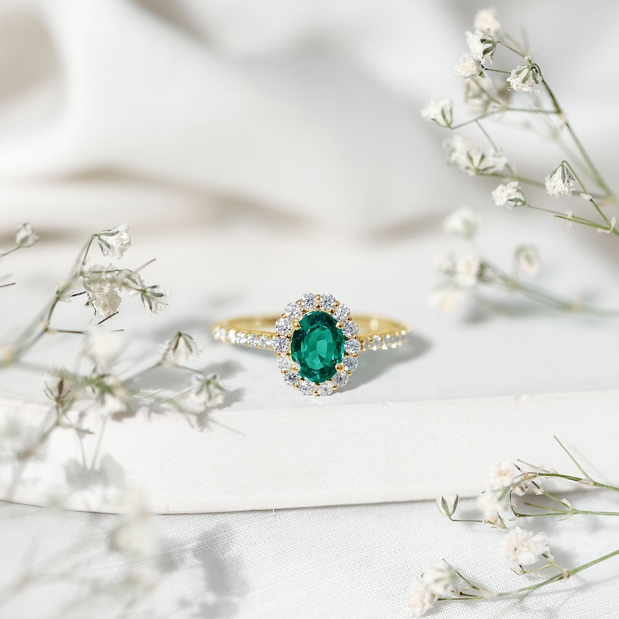 Certified 1.2 Carat Oval Lab Grown Emerald Halo Engagement Ring AAAA - Rosec Jewels