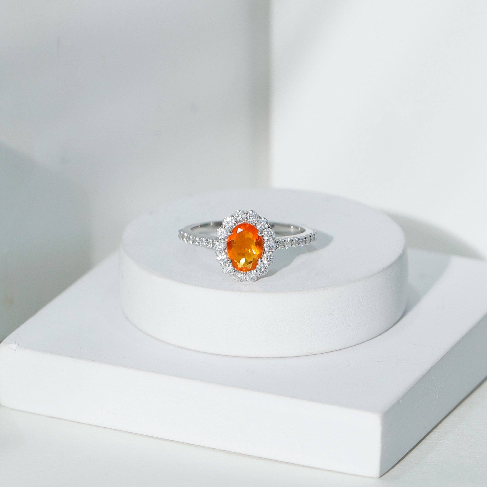 Orange Fire Opal Oval Shape Engagement Ring with Moissanite AAA - Rosec Jewels