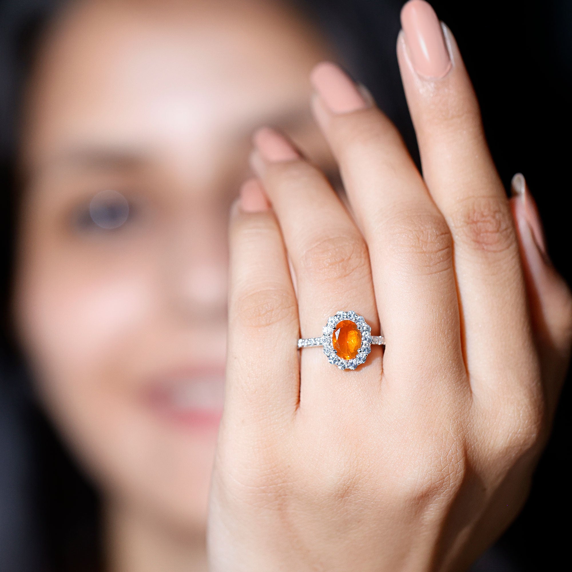 Rosec Jewels-Orange Fire Opal Oval Shape Engagement Ring with Moissanite