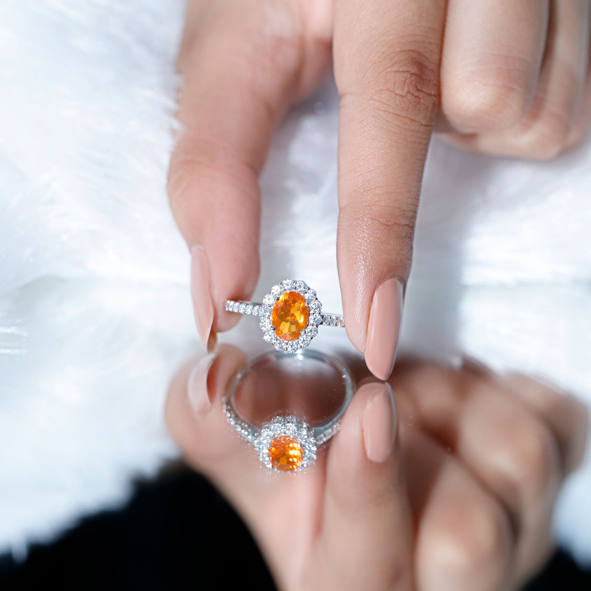 Rosec Jewels-Orange Fire Opal Oval Shape Engagement Ring with Moissanite