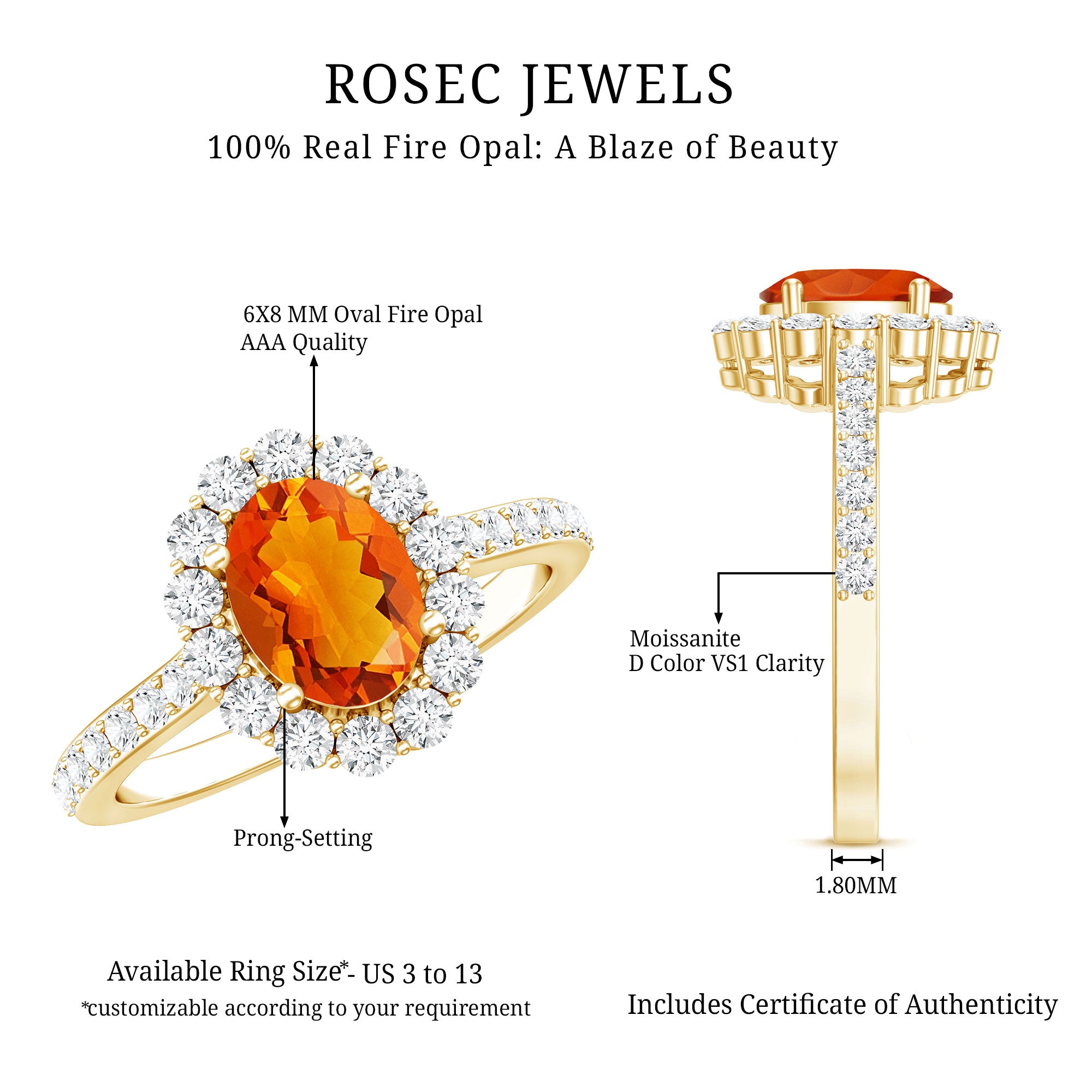 Orange Fire Opal Oval Shape Engagement Ring with Moissanite AAA - Rosec Jewels
