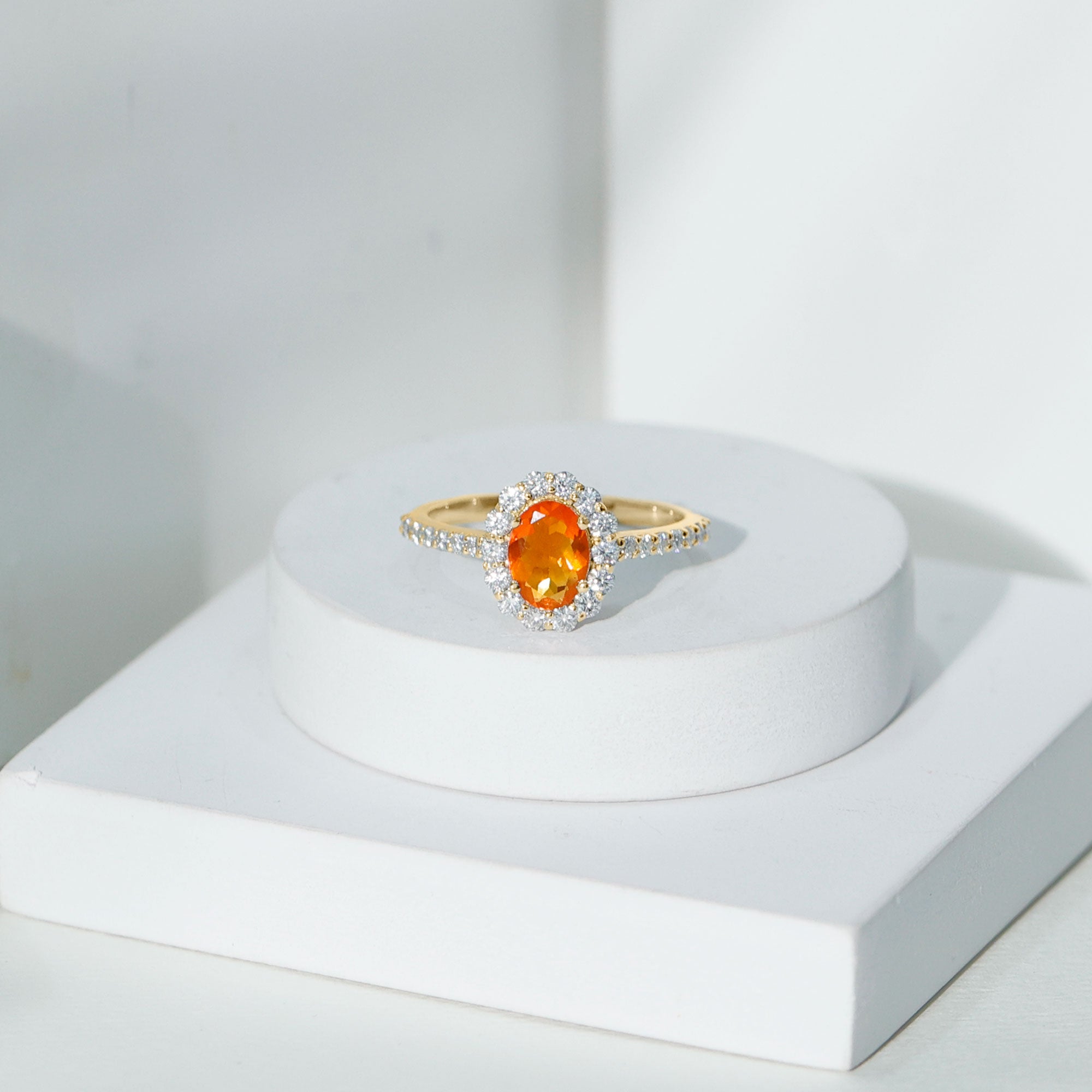 Orange Fire Opal Oval Shape Engagement Ring with Moissanite AAA - Rosec Jewels