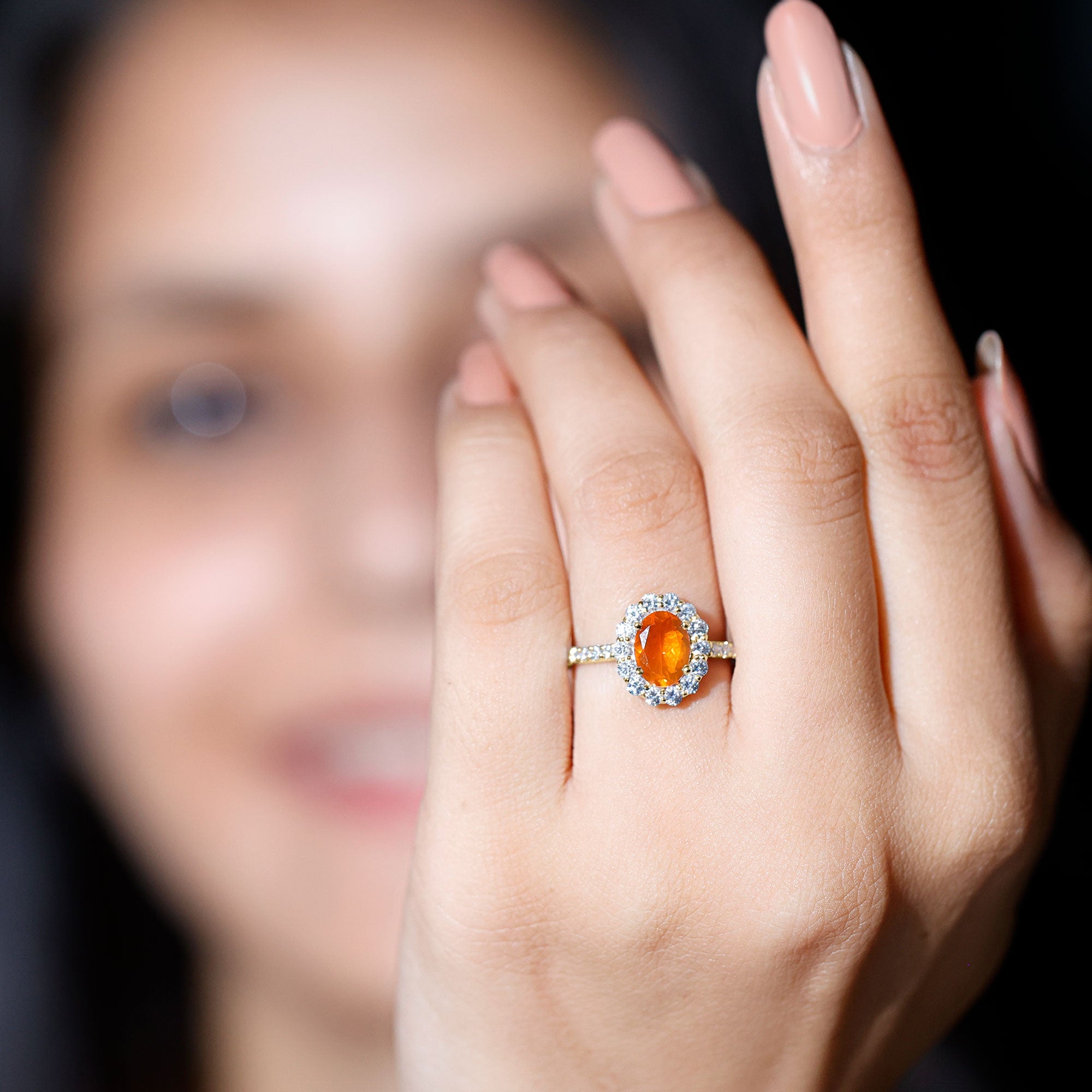 Orange Fire Opal Oval Shape Engagement Ring with Moissanite AAA - Rosec Jewels