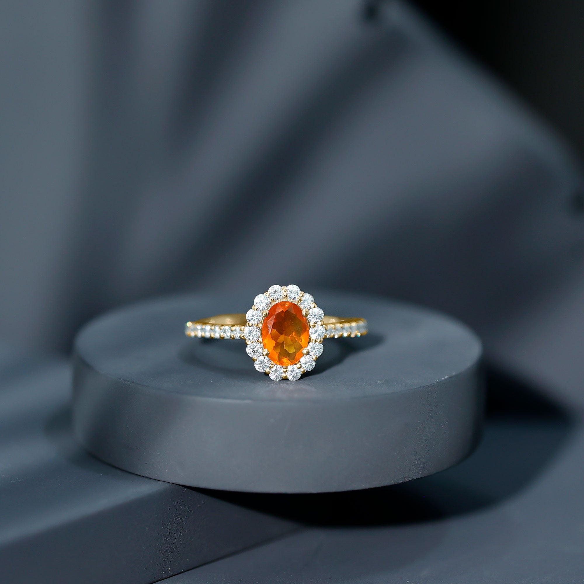 Orange Fire Opal Oval Shape Engagement Ring with Moissanite AAA - Rosec Jewels