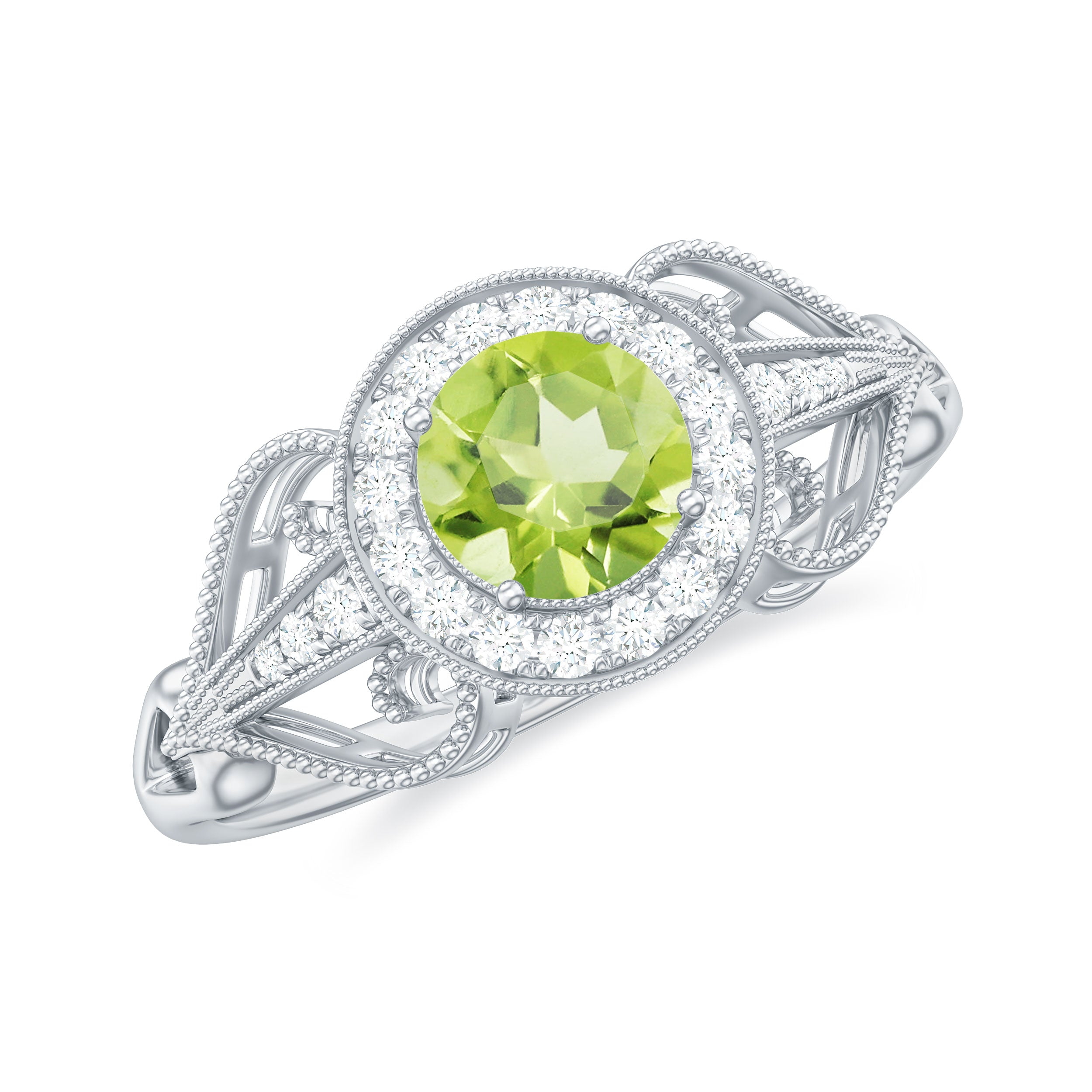 Vintage Inspired 0.5 Carat Peridot Engagement Ring with Diamond Halo
