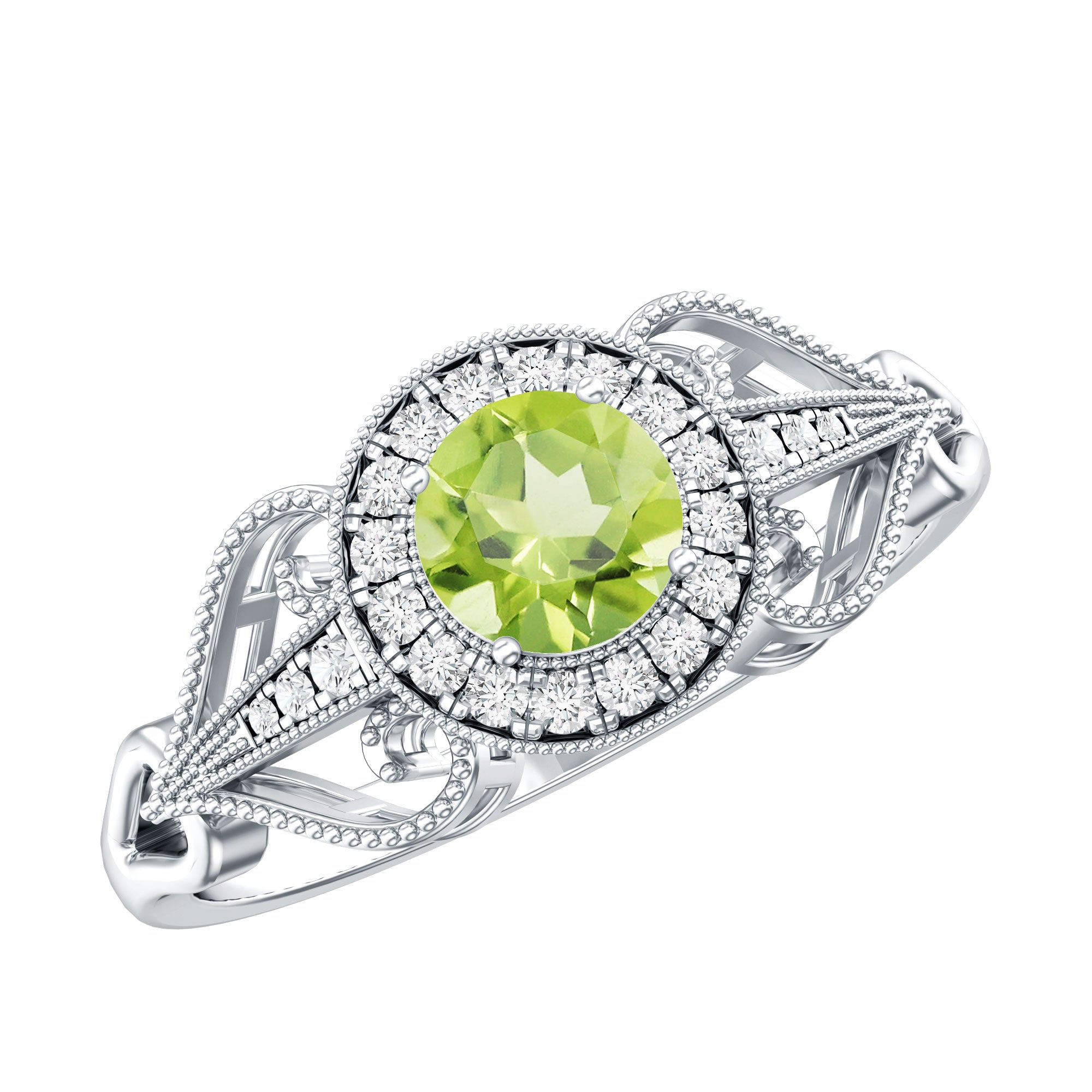 Vintage Inspired 0.5 Carat Peridot Engagement Ring with Diamond Halo AAA - Rosec Jewels