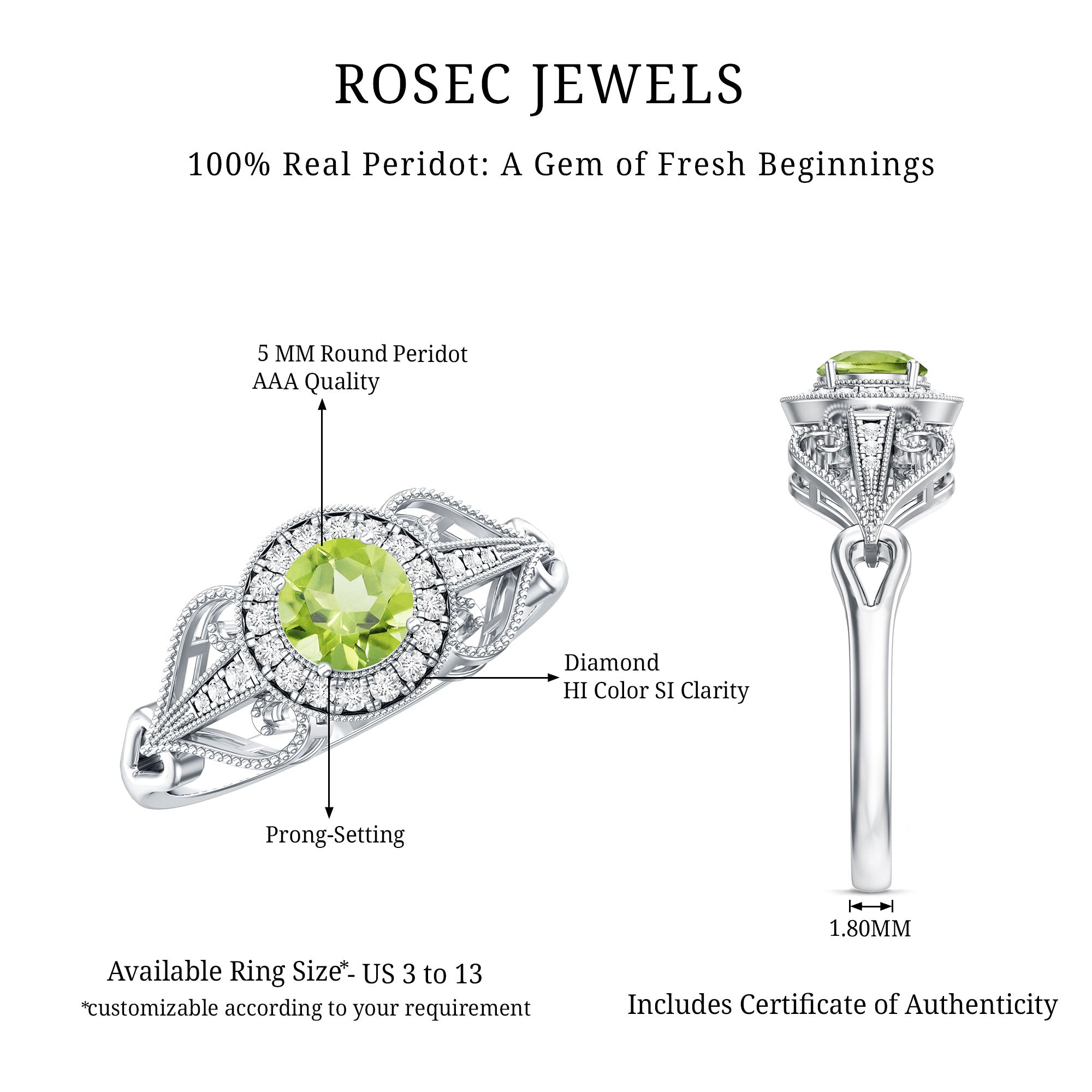 Vintage Inspired 0.5 Carat Peridot Engagement Ring with Diamond Halo AAA - Rosec Jewels