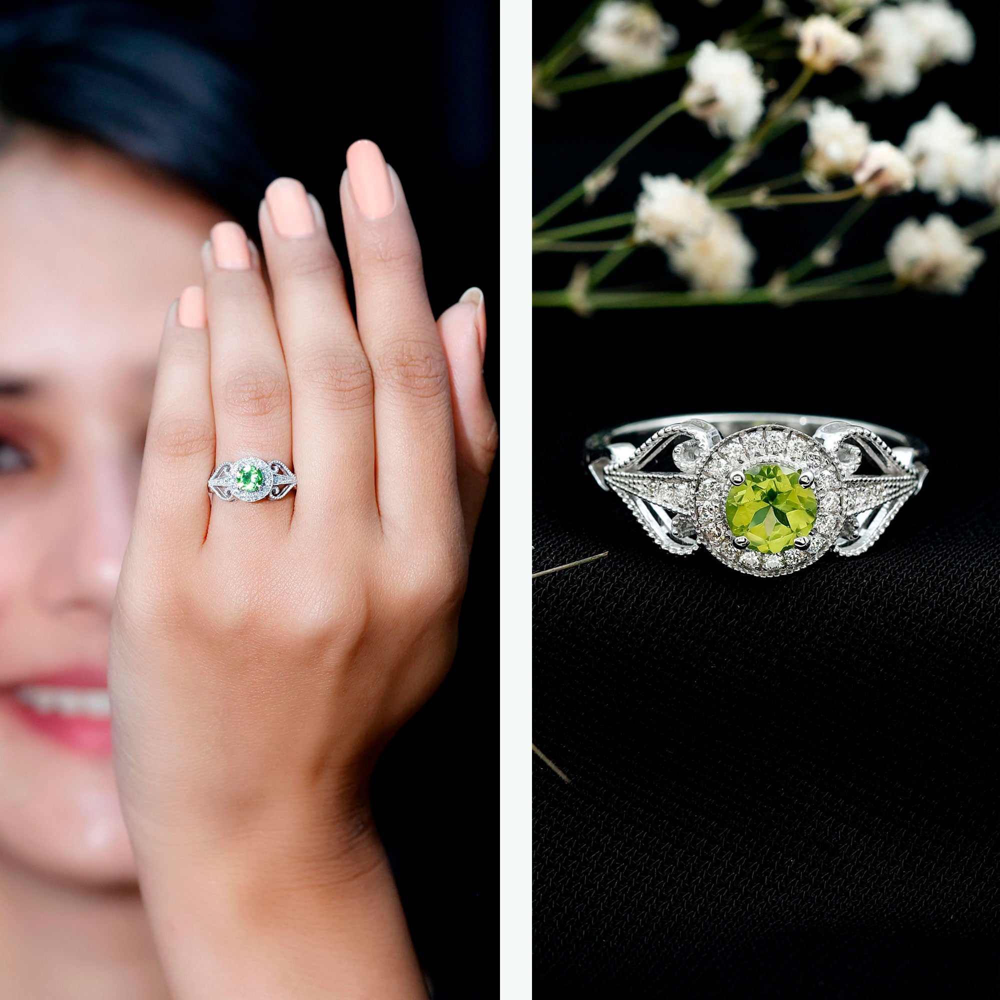 Vintage Inspired 0.5 Carat Peridot Engagement Ring with Diamond Halo AAA - Rosec Jewels
