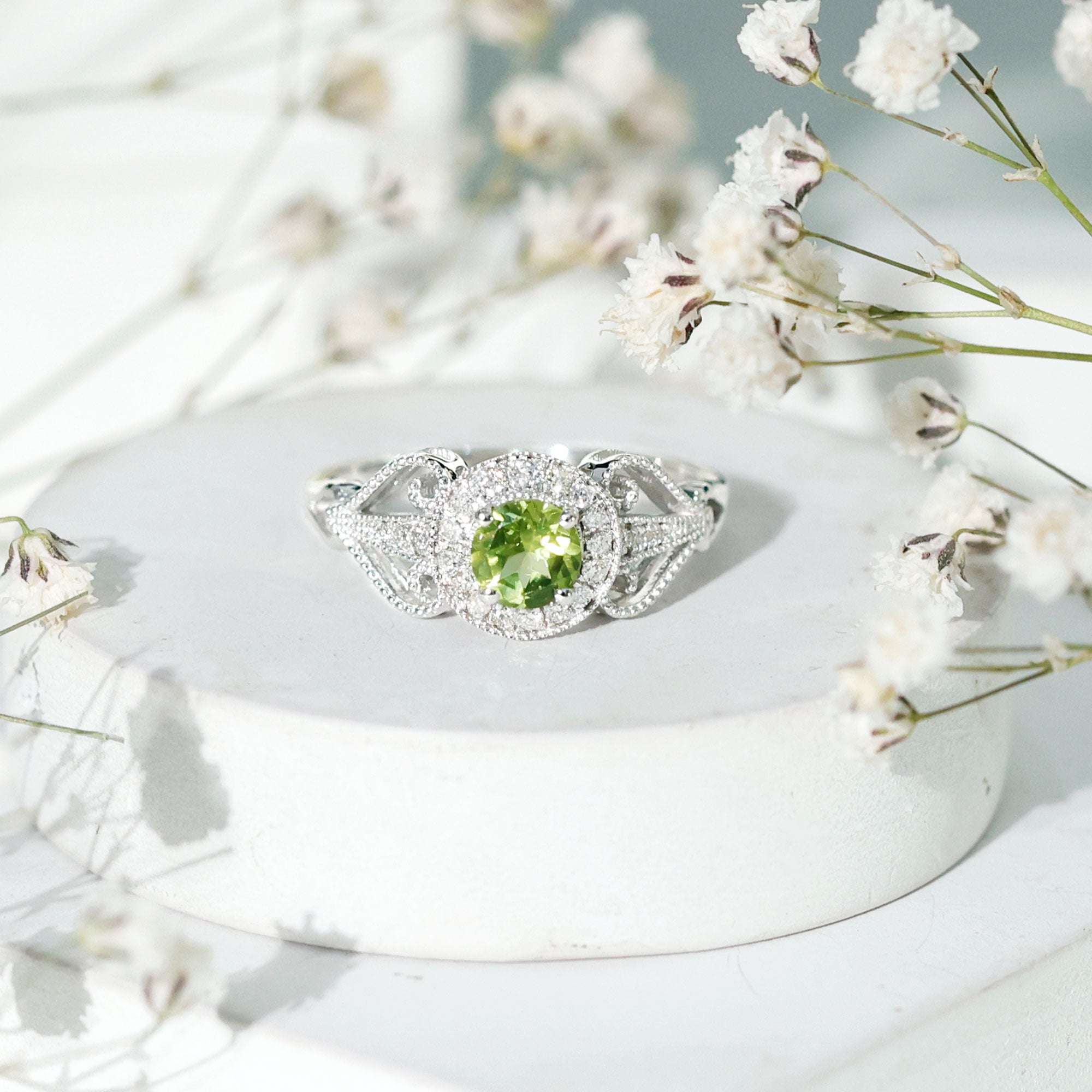 Vintage Inspired 0.5 Carat Peridot Engagement Ring with Diamond Halo AAA - Rosec Jewels