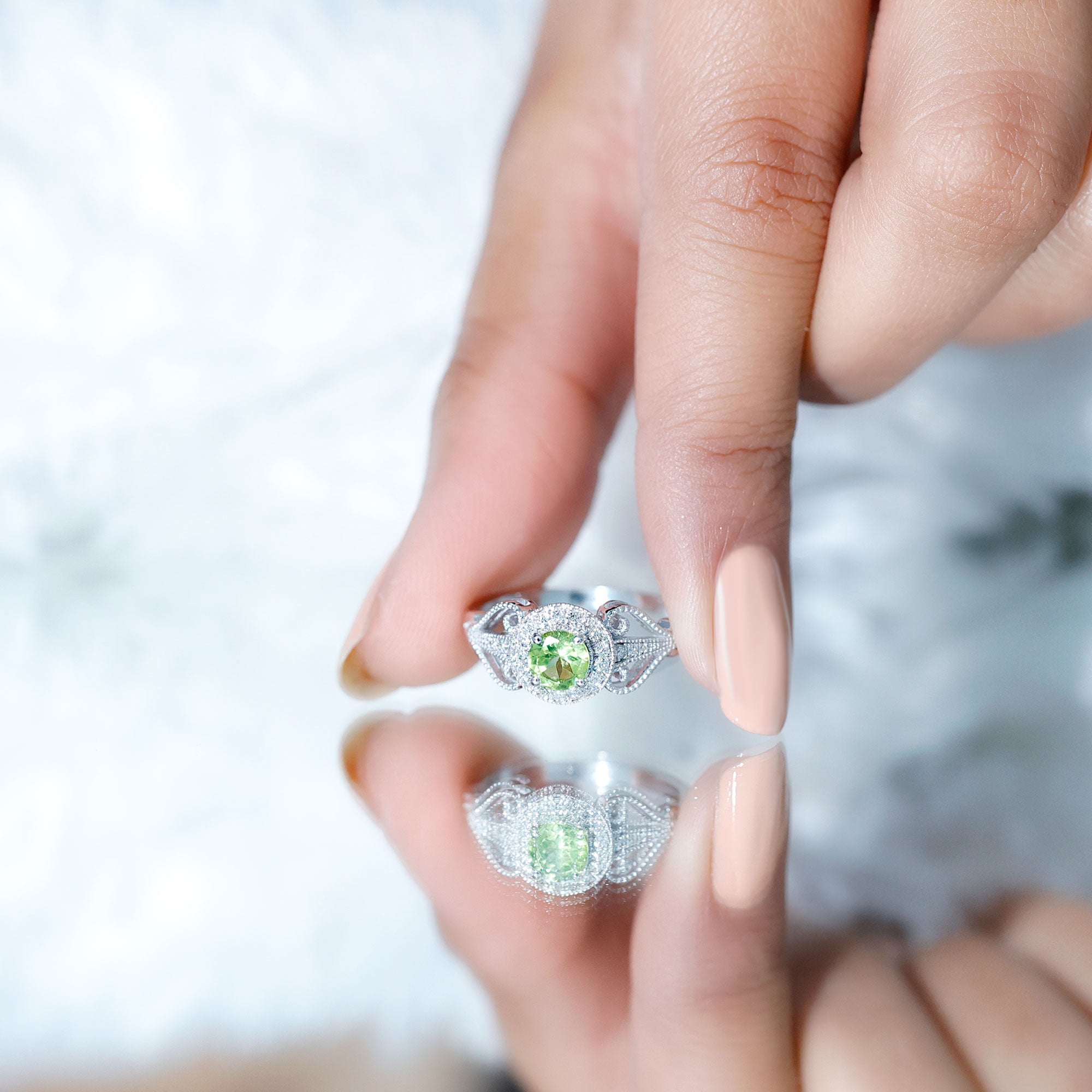 Vintage Inspired 0.5 Carat Peridot Engagement Ring with Diamond Halo AAA - Rosec Jewels