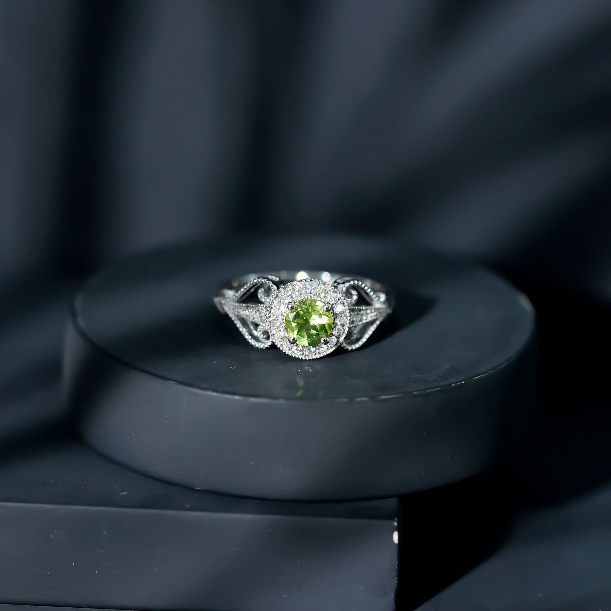Vintage Inspired 0.5 Carat Peridot Engagement Ring with Diamond Halo AAA - Rosec Jewels