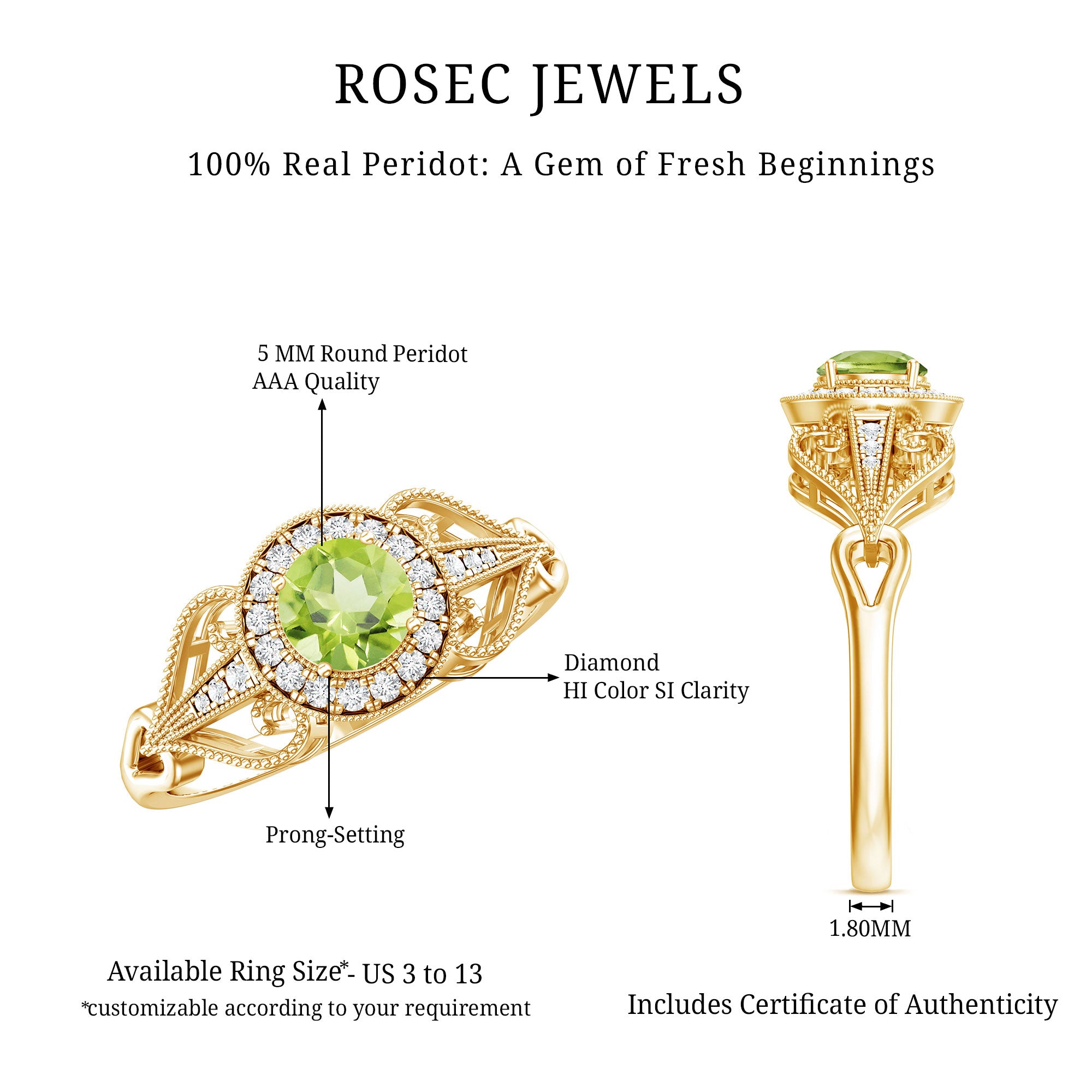 Vintage Inspired 0.5 Carat Peridot Engagement Ring with Diamond Halo AAA - Rosec Jewels