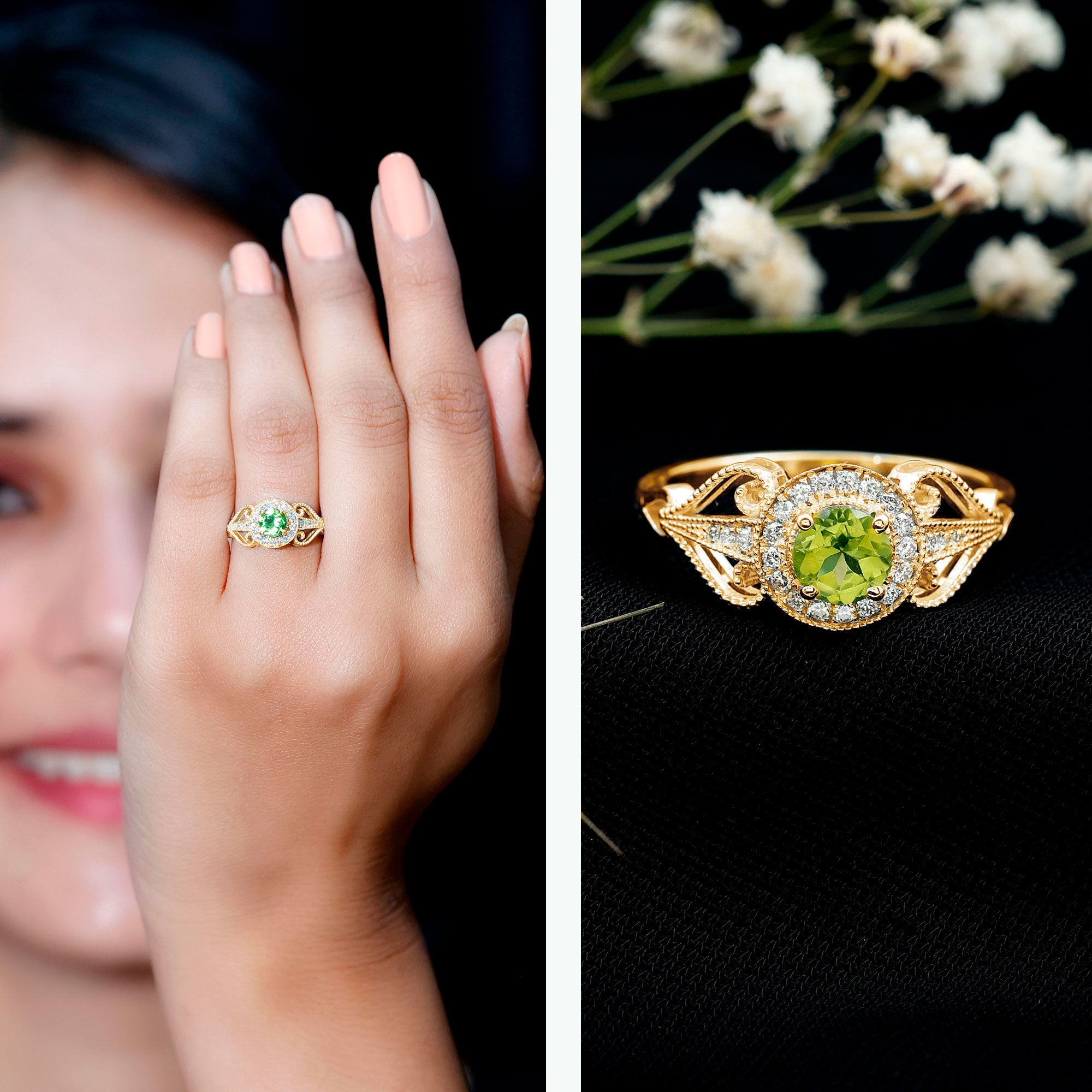 Vintage Inspired 0.5 Carat Peridot Engagement Ring with Diamond Halo AAA - Rosec Jewels