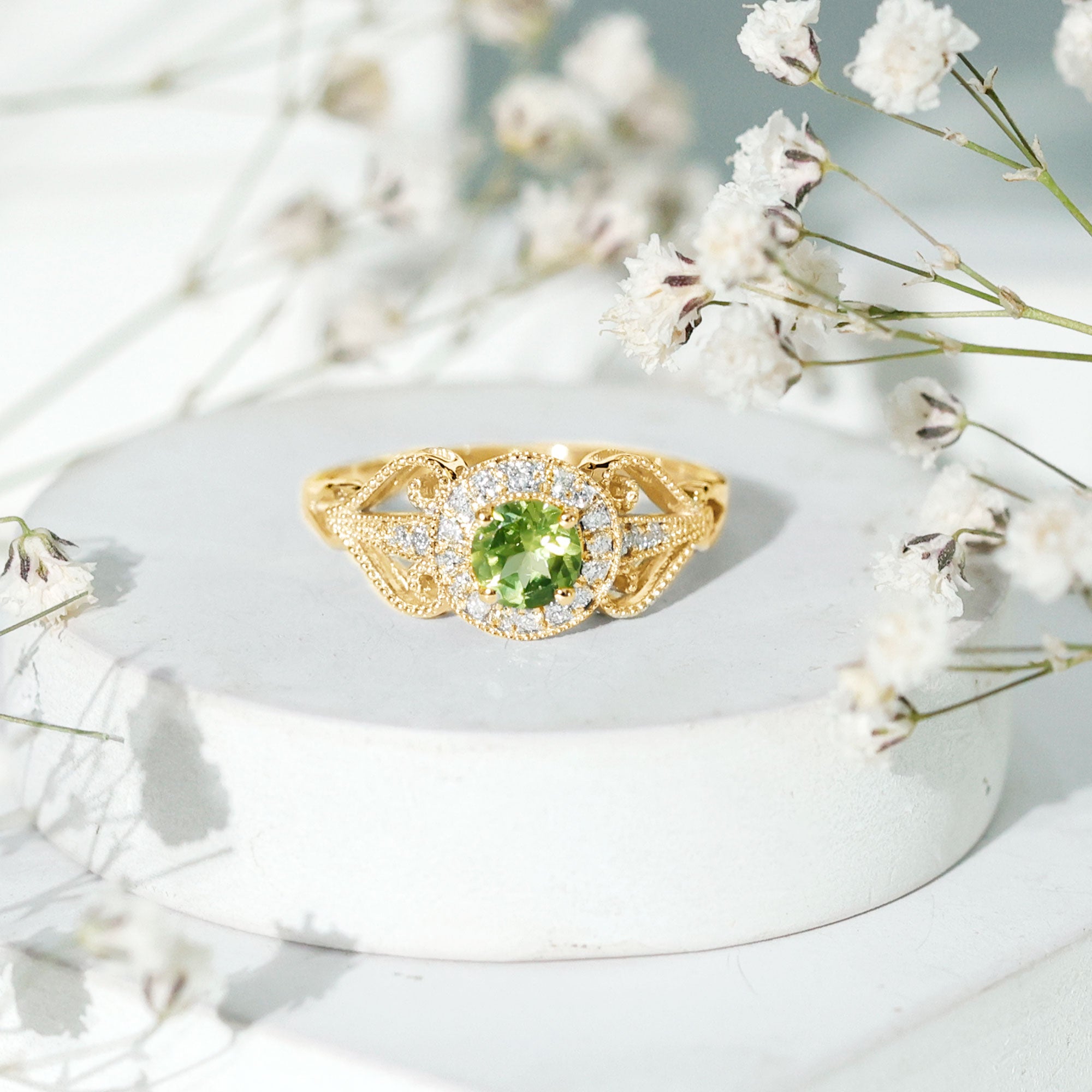 Vintage Inspired 0.5 Carat Peridot Engagement Ring with Diamond Halo AAA - Rosec Jewels