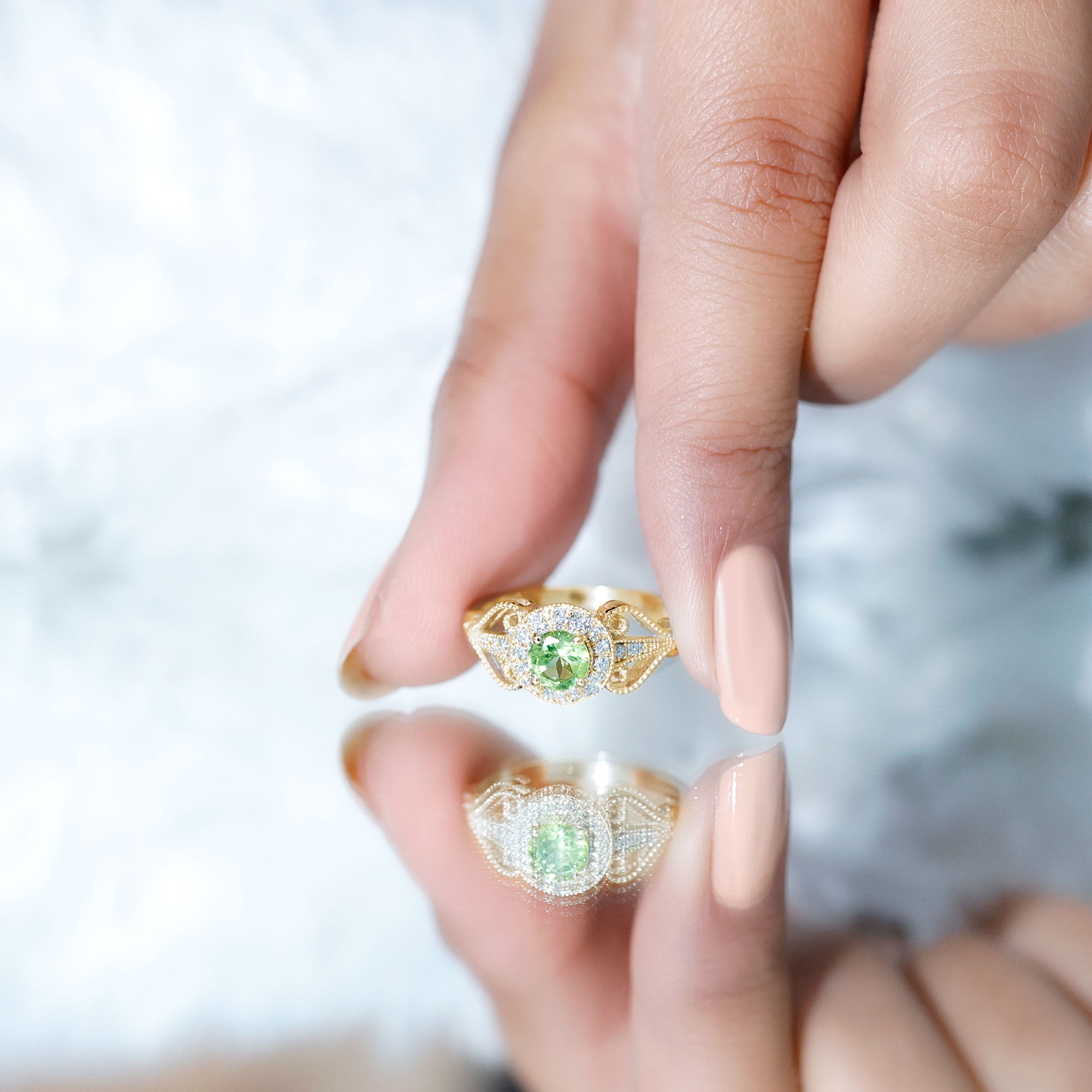 Vintage Inspired 0.5 Carat Peridot Engagement Ring with Diamond Halo AAA - Rosec Jewels