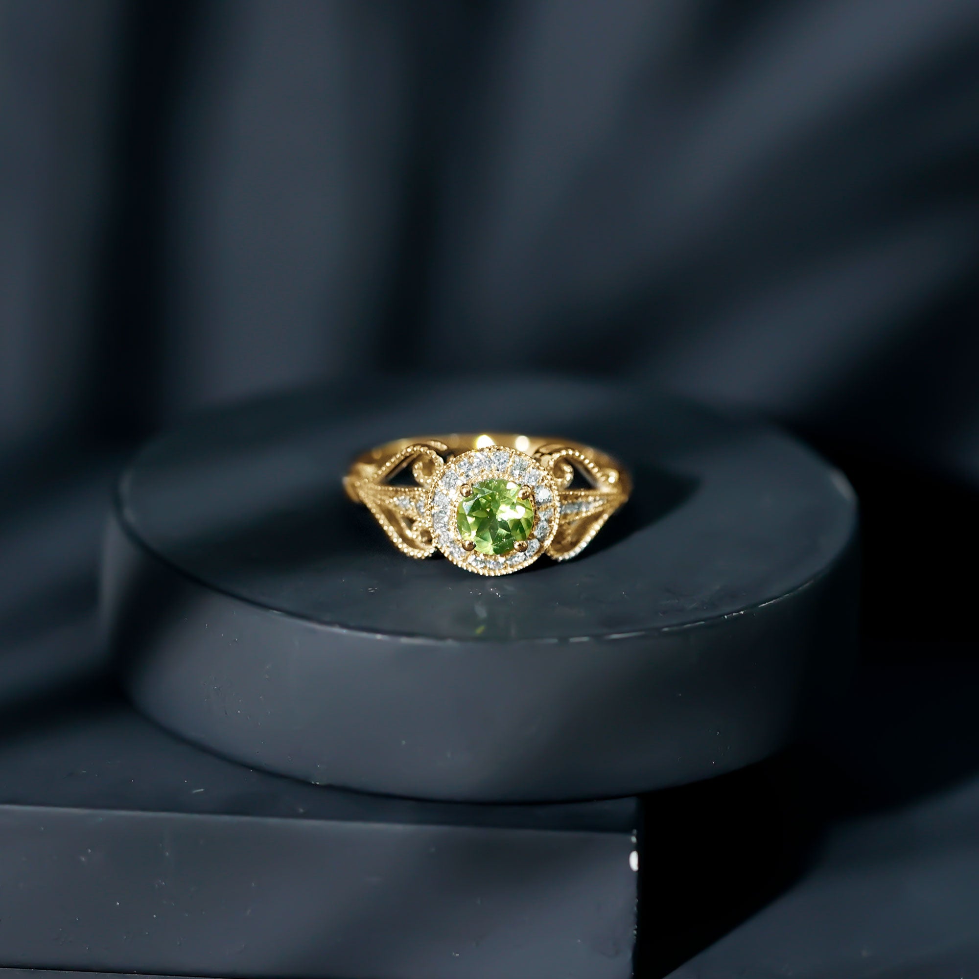 Vintage Inspired 0.5 Carat Peridot Engagement Ring with Diamond Halo AAA - Rosec Jewels