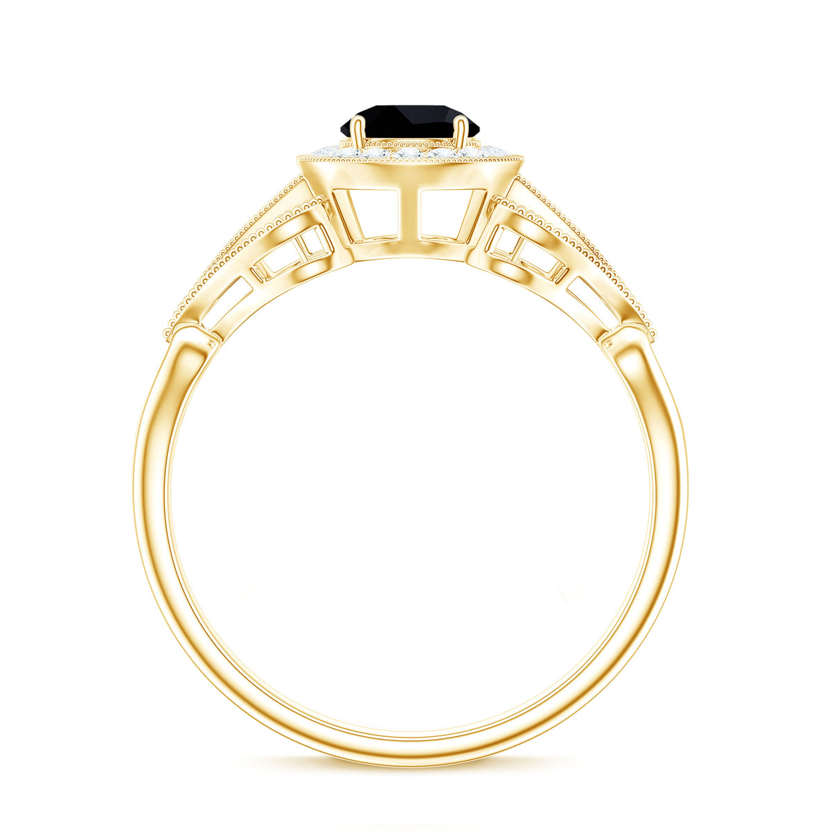0.4 Carat Round Black Onyx Vintage Engagement Ring with Diamond Halo AAA - Rosec Jewels