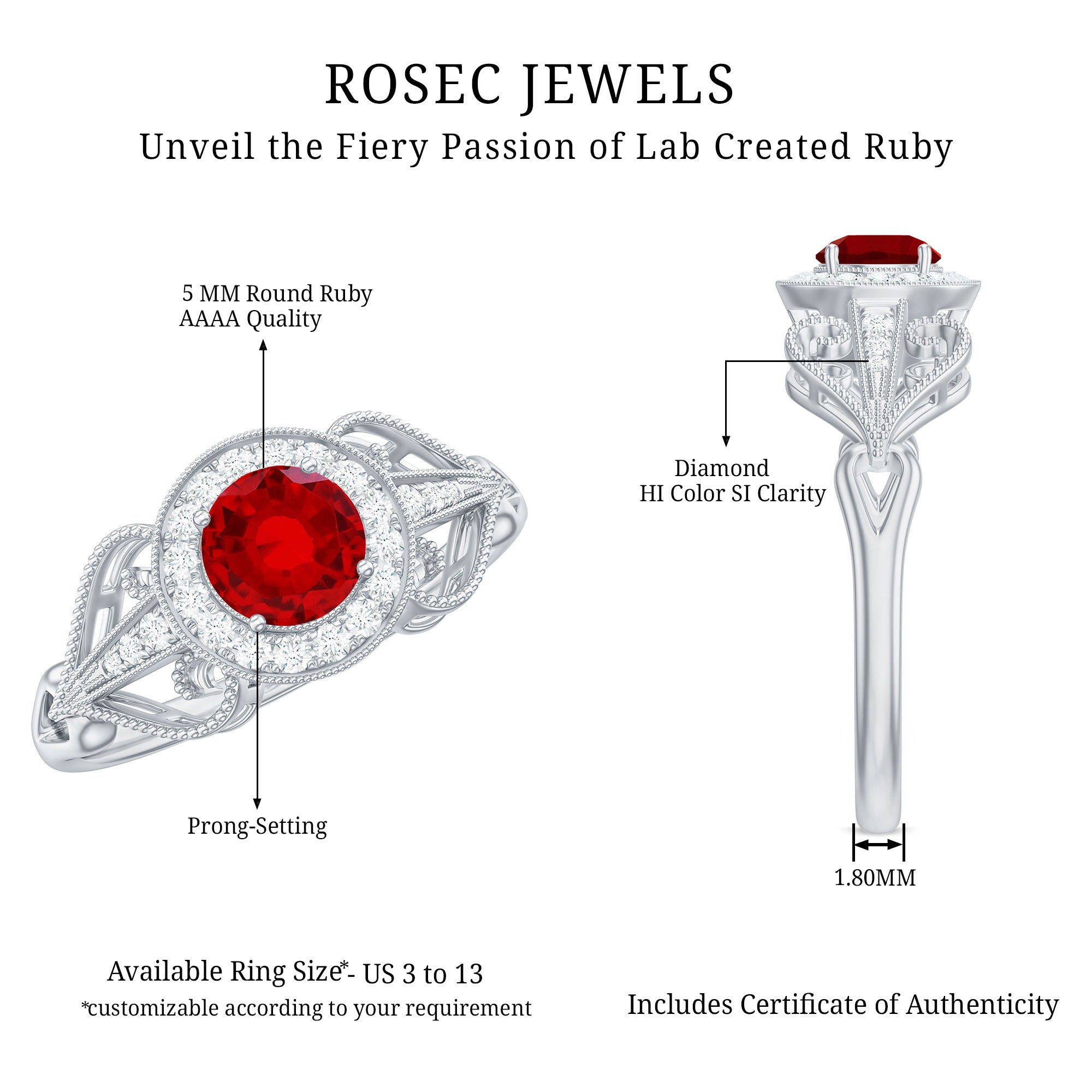 Lab Created Ruby and Diamond Vintage Engagement Ring AAAA - Rosec Jewels