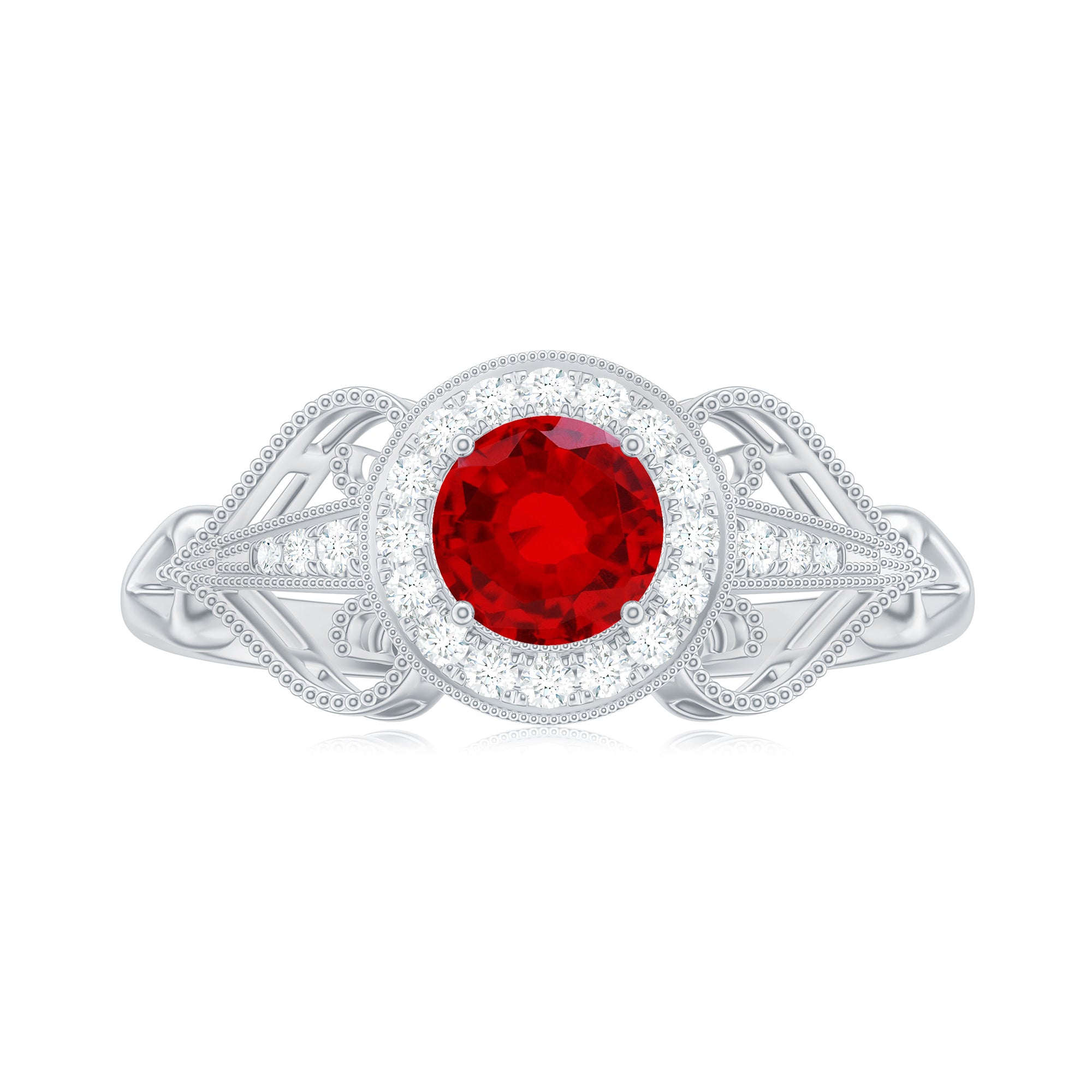 Lab Created Ruby and Diamond Vintage Engagement Ring AAAA - Rosec Jewels
