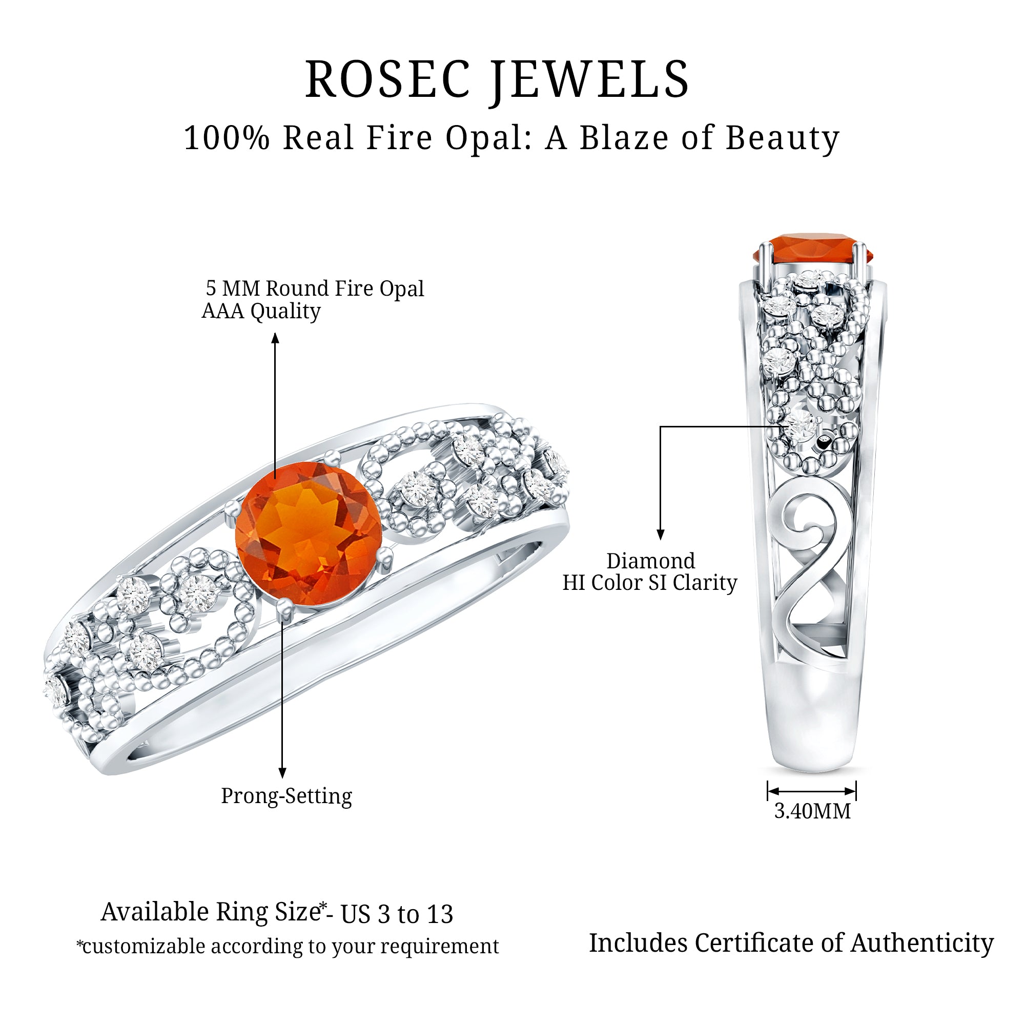 Vintage Style Fire Opal Solitaire Anniversary Band Ring with Diamond AAA - Rosec Jewels