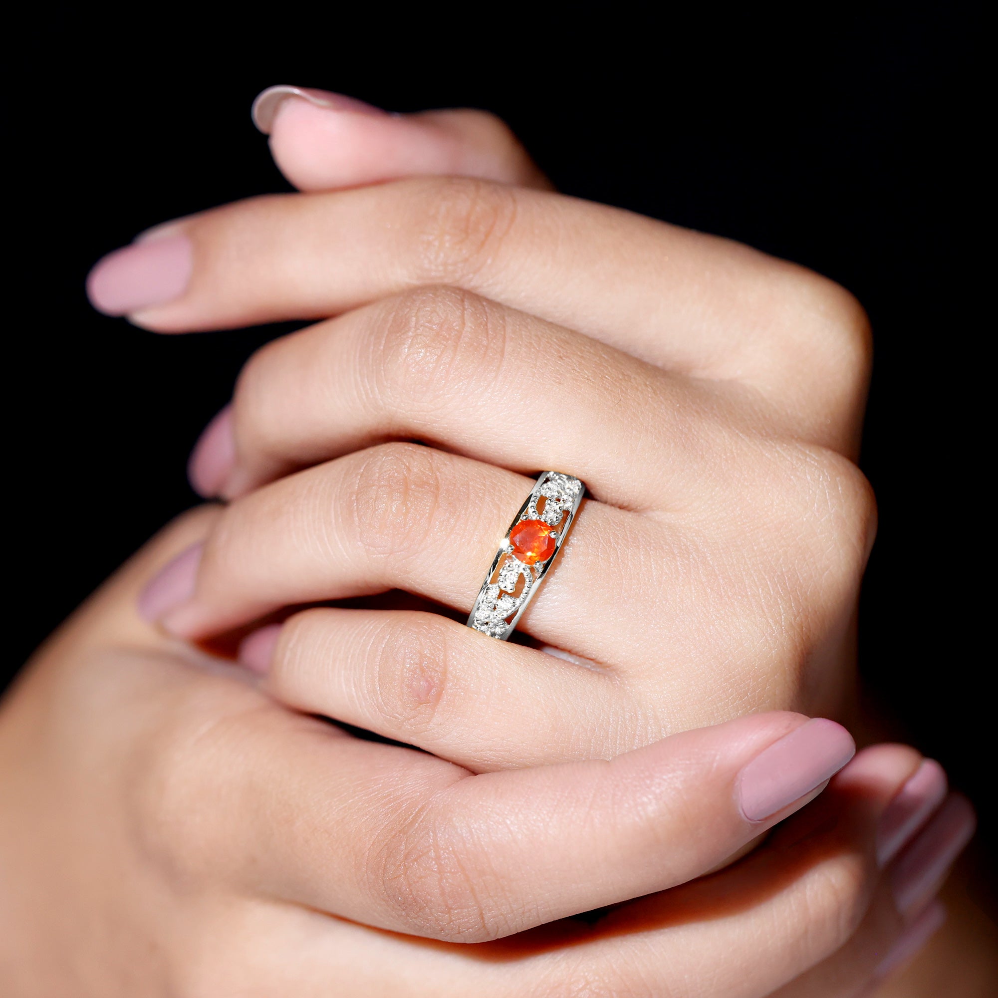 Vintage Style Fire Opal Solitaire Anniversary Band Ring with Diamond AAA - Rosec Jewels