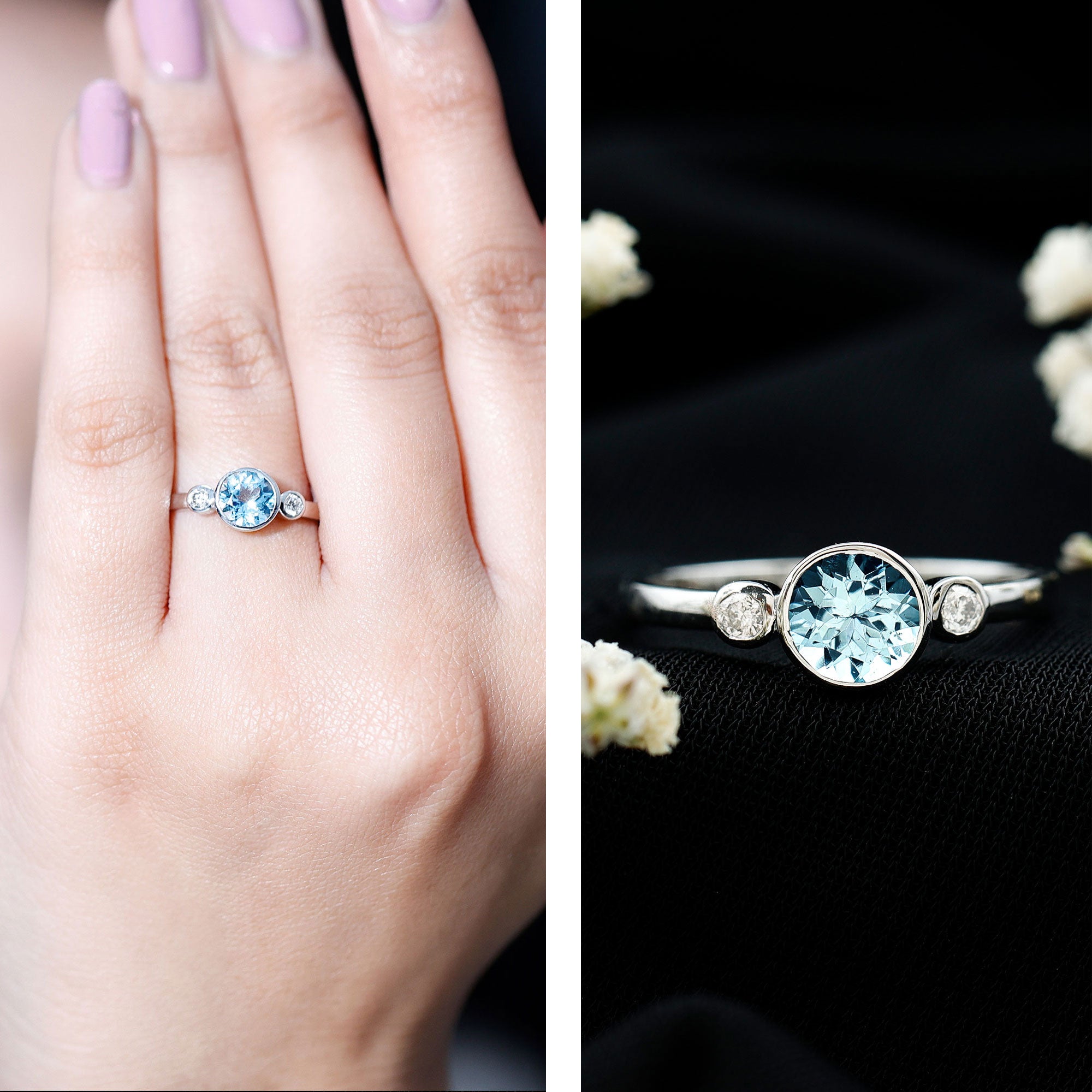 Bezel Set Real Aquamarine Diamond Engagement Ring with Certificate AAA - Rosec Jewels