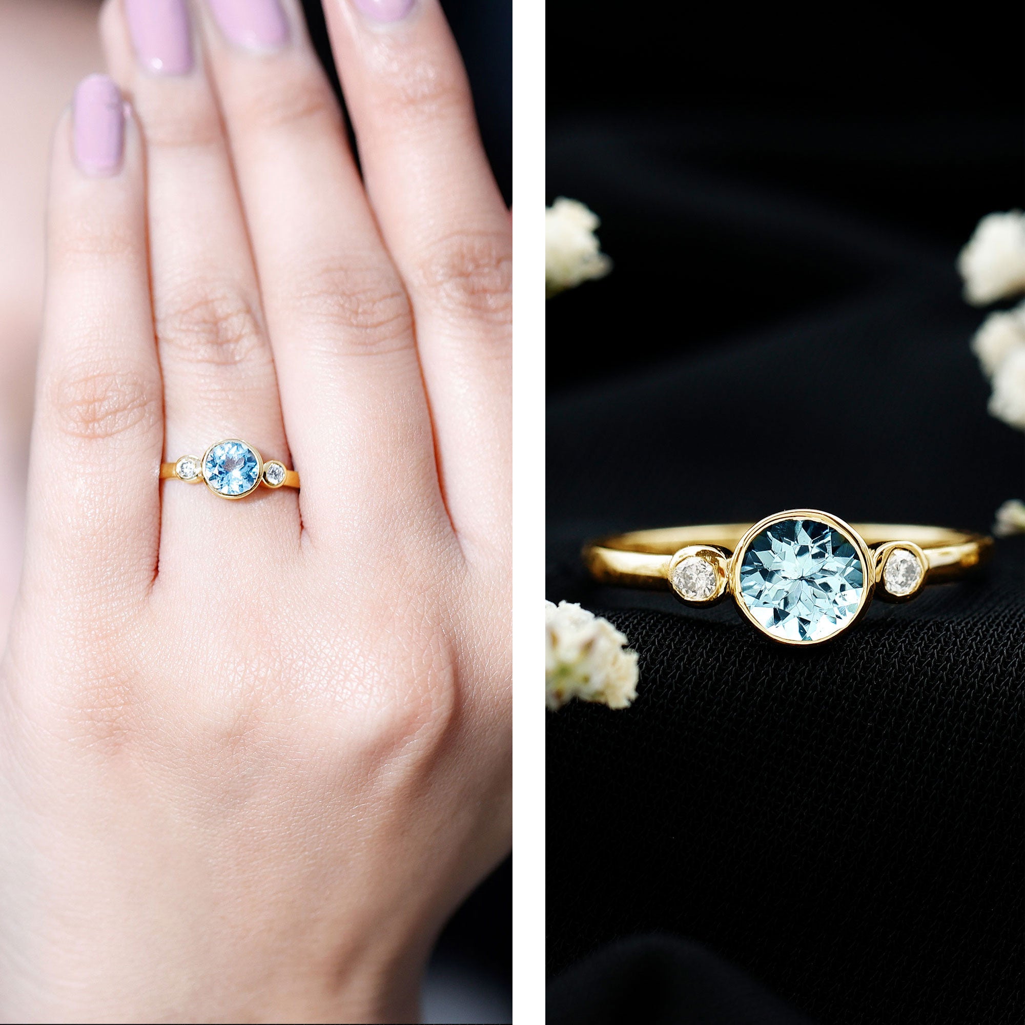 Bezel Set Real Aquamarine Diamond Engagement Ring with Certificate AAA - Rosec Jewels