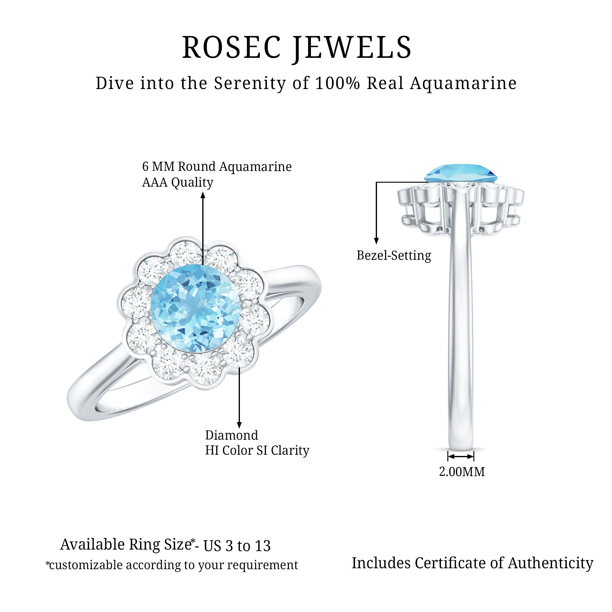 Certified 0.8 Carat Real Aquamarine Engagement Ring with Diamond Flower Halo AAA - Rosec Jewels