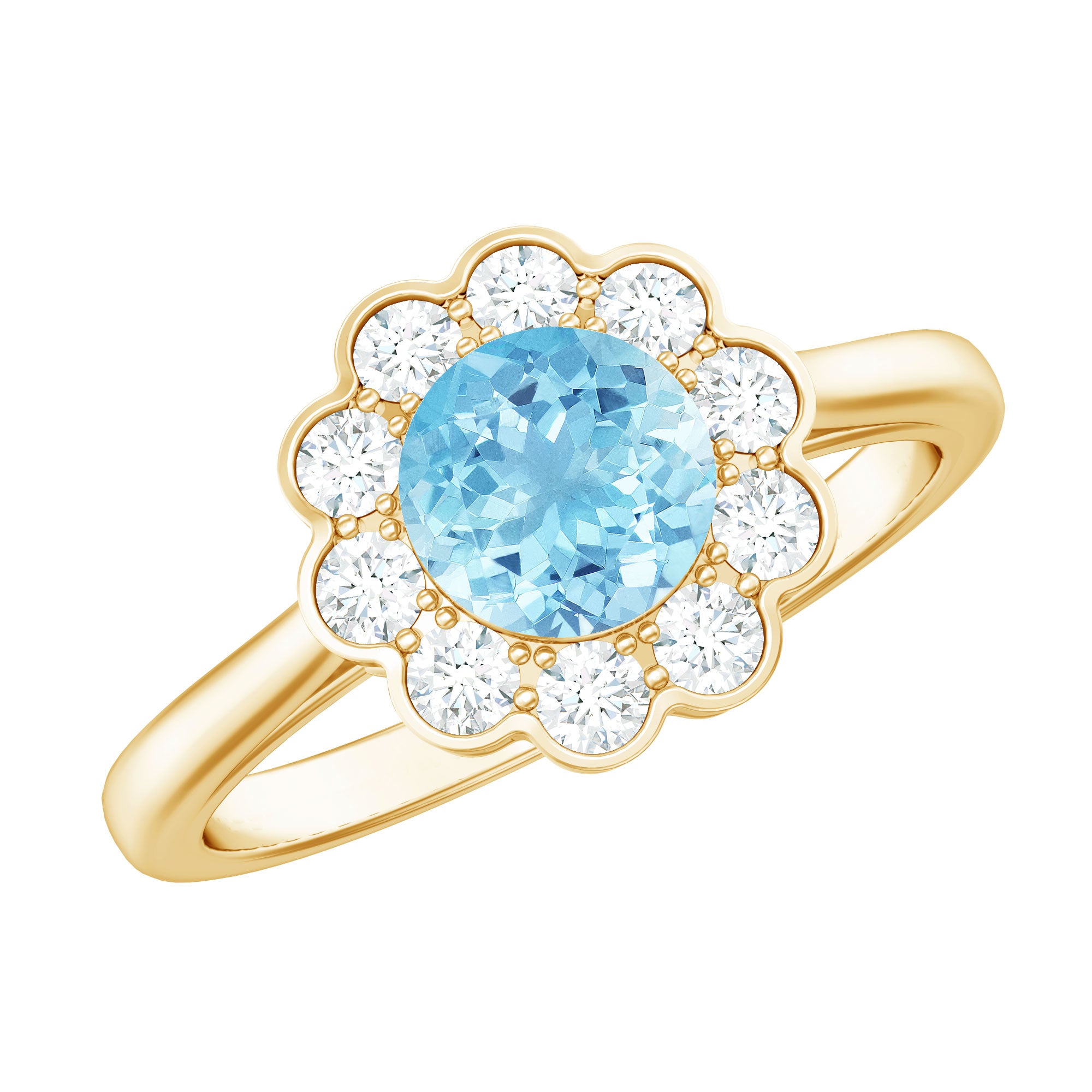 Certified 0.8 Carat Real Aquamarine Engagement Ring with Diamond Flower Halo AAA - Rosec Jewels