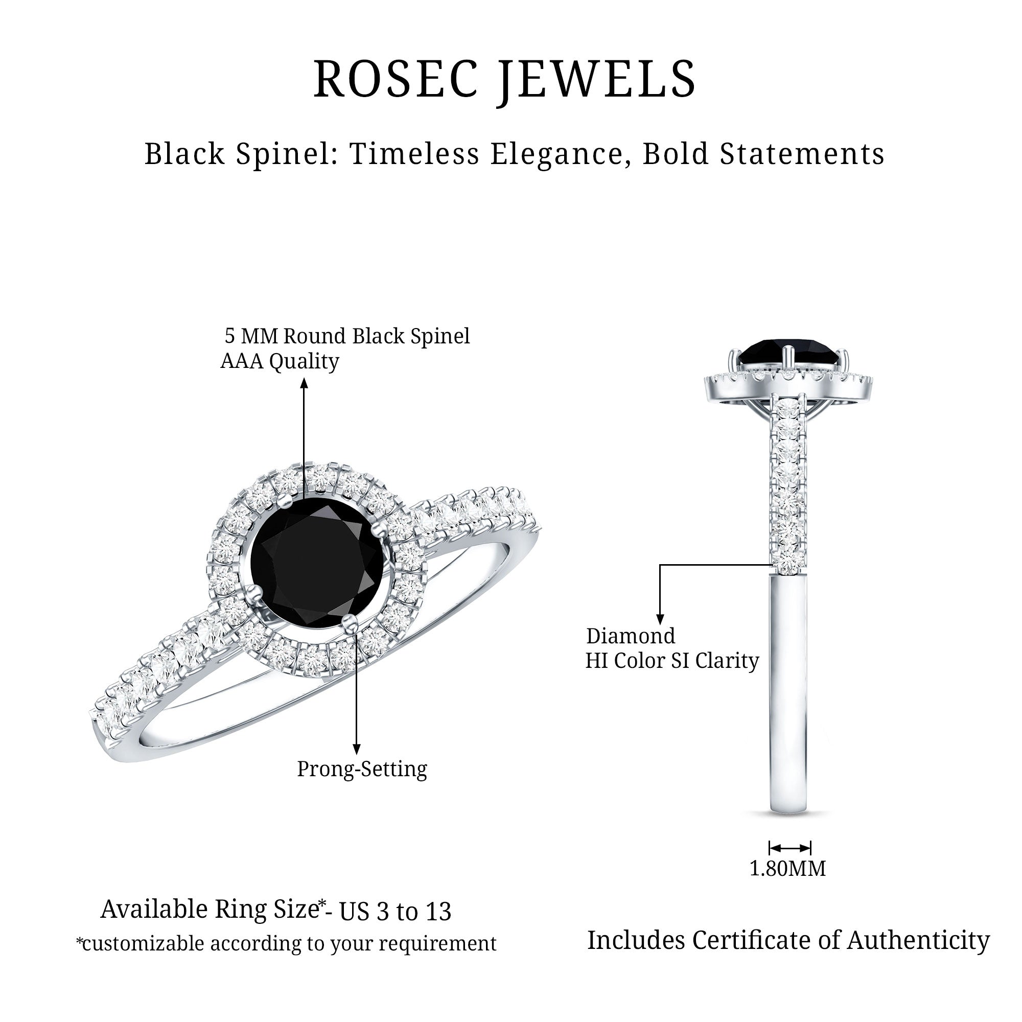 Minimal Black Spinel Minimal Engagement Ring with Diamond Halo AAA - Rosec Jewels