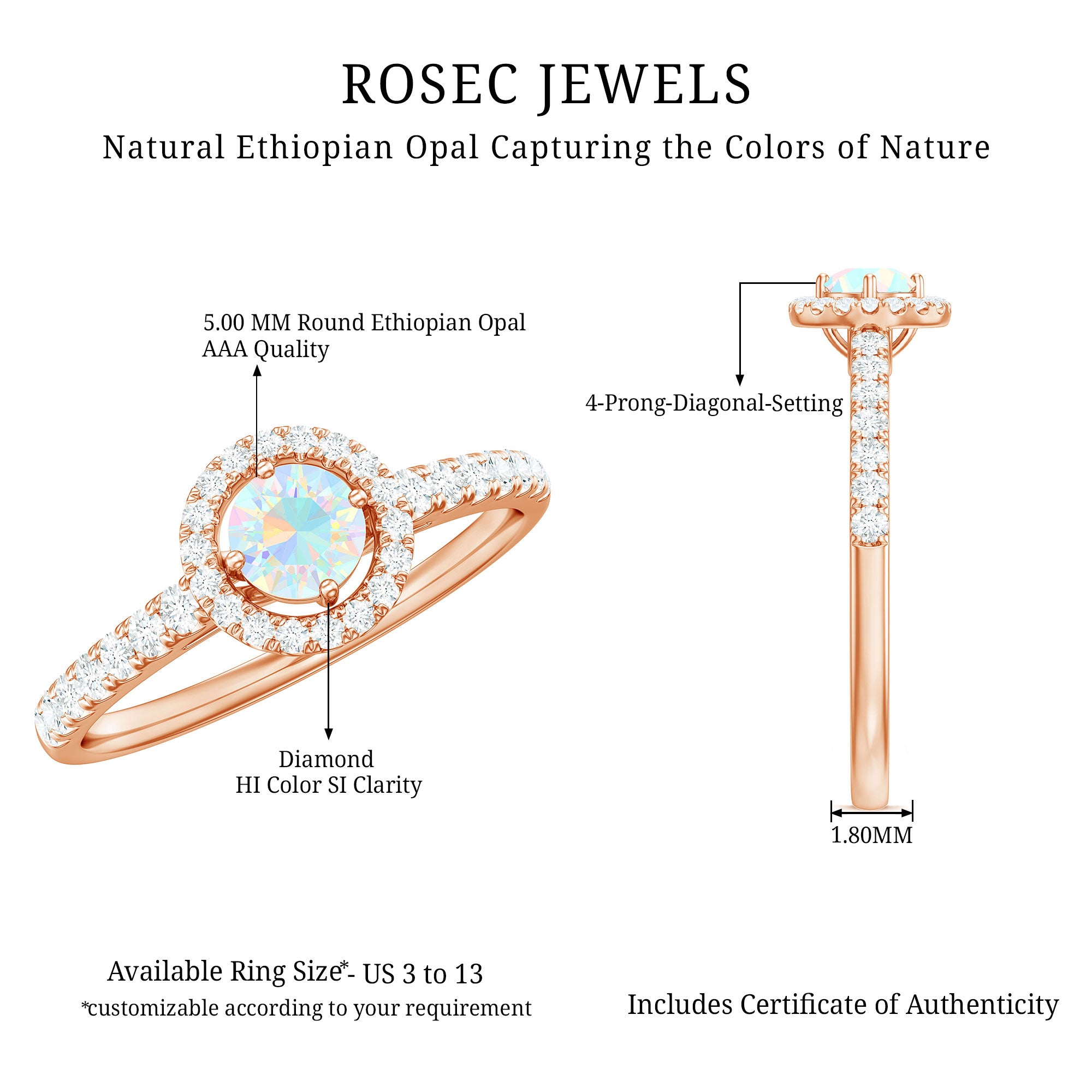 Natural Ethiopian Opal Diamond Engagement Ring with Halo AAA - Rosec Jewels