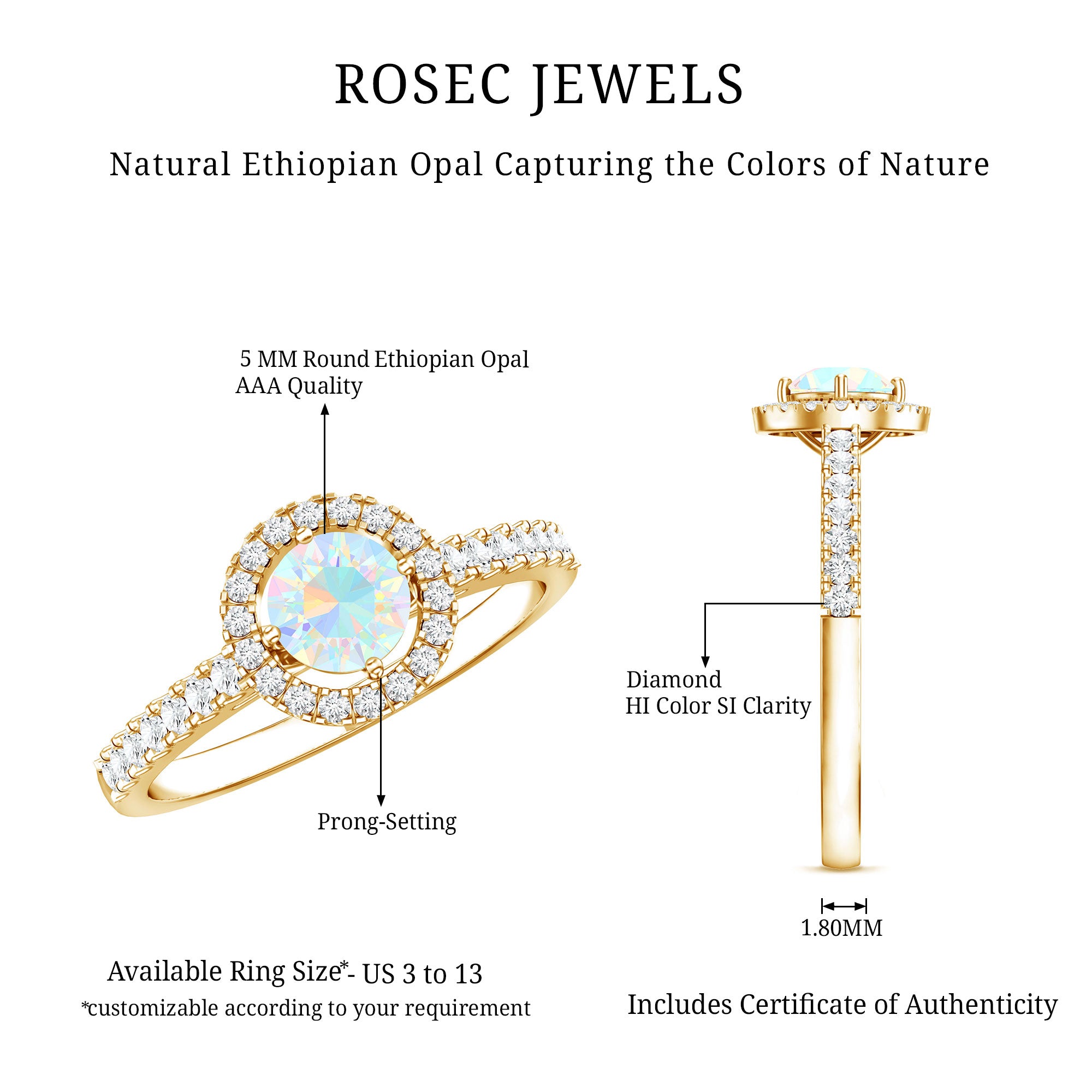 Natural Ethiopian Opal Diamond Engagement Ring with Halo AAA - Rosec Jewels