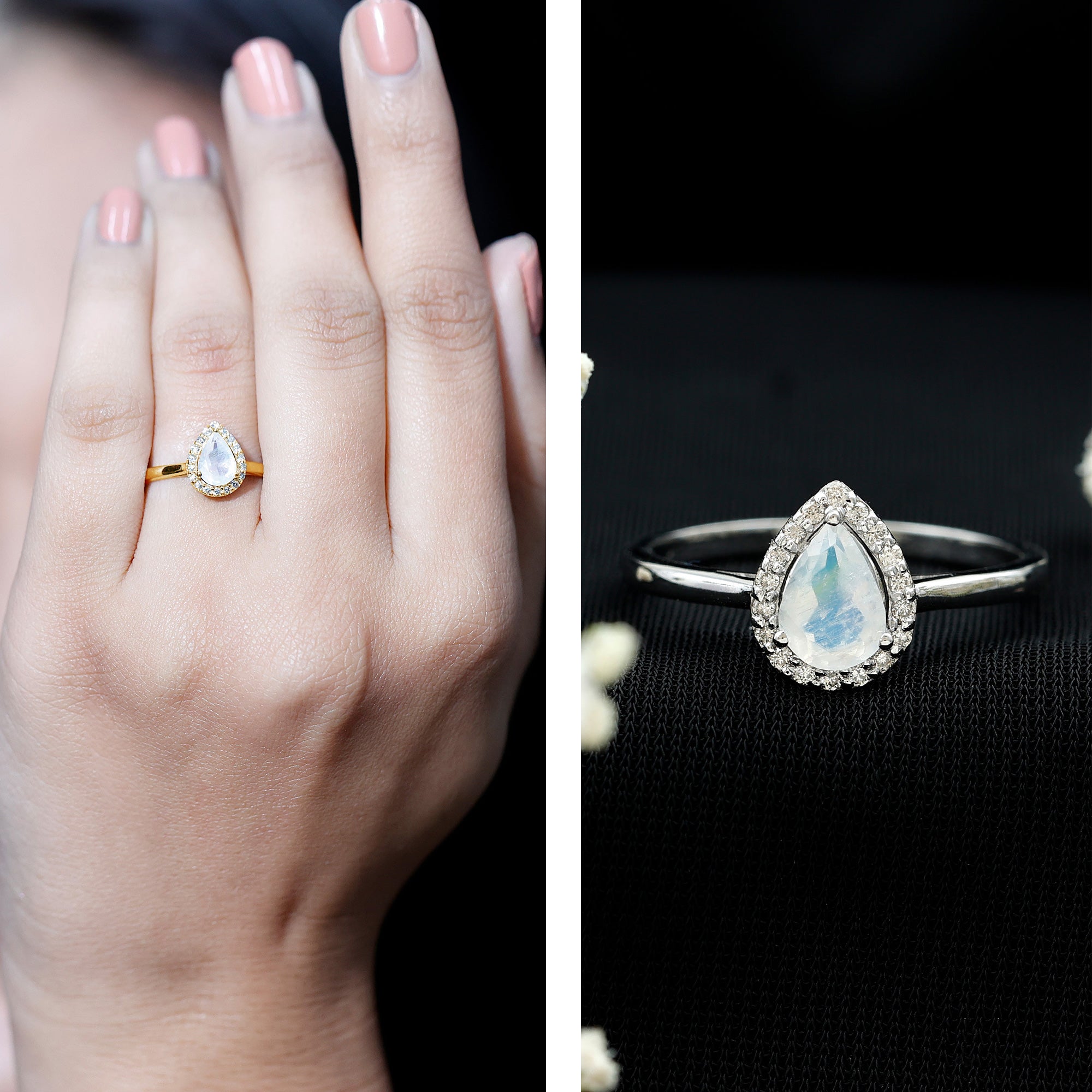 Rosec Jewels-Pear Shaped Moonstone Halo Engagement Ring with Diamond