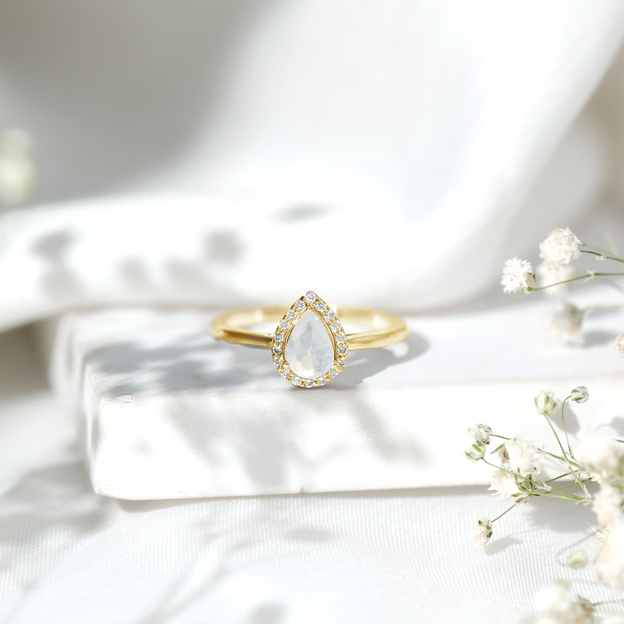 Rosec Jewels-Pear Shaped Moonstone Halo Engagement Ring with Diamond