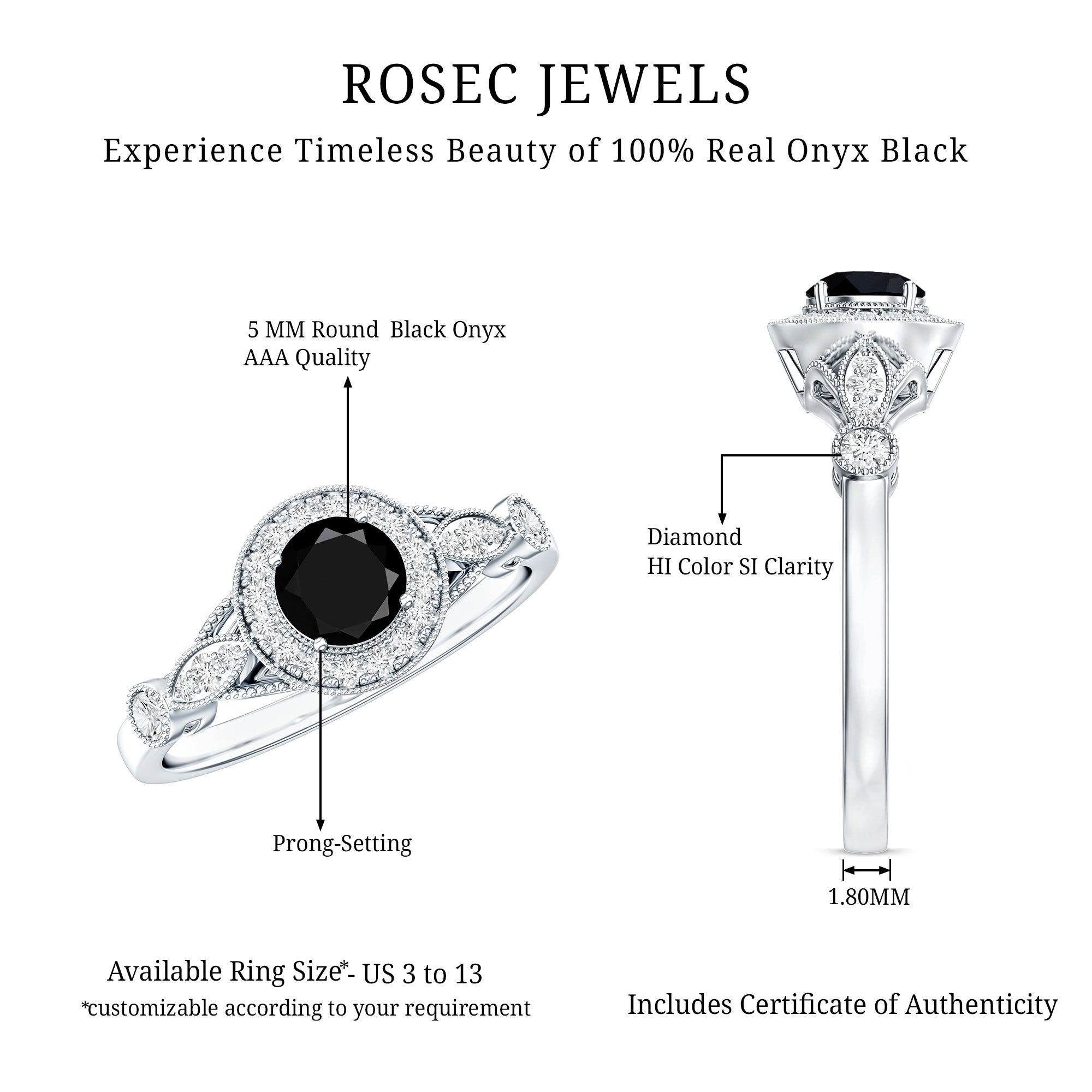 Vintage Inspired Black Onyx and Diamond Engagement Ring AAA - Rosec Jewels