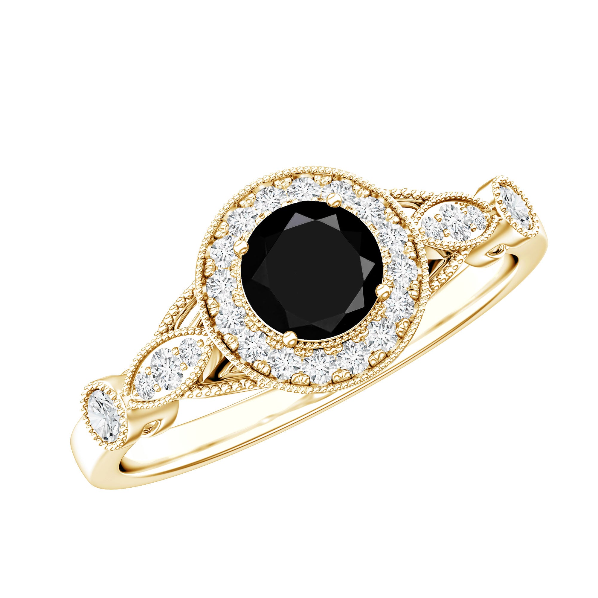 Vintage Inspired Black Onyx and Diamond Engagement Ring AAA - Rosec Jewels