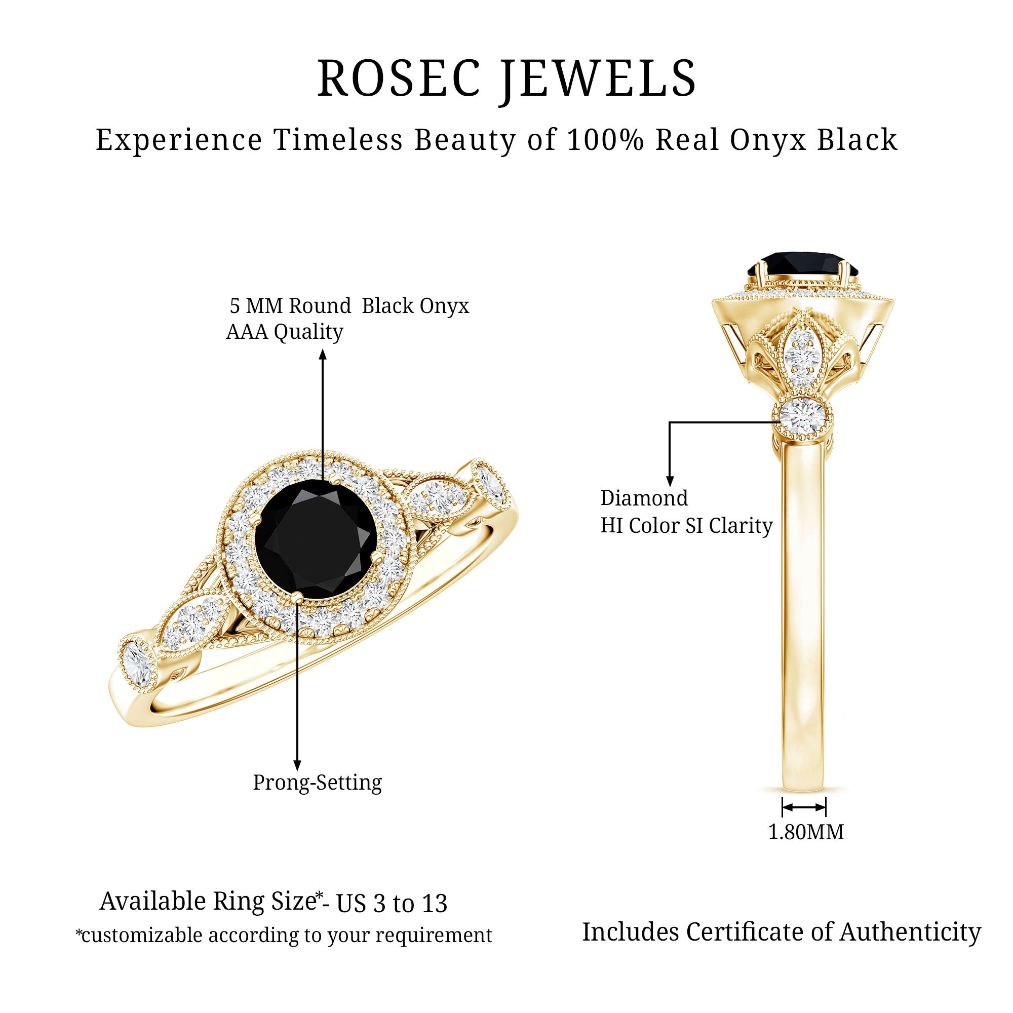 Vintage Inspired Black Onyx and Diamond Engagement Ring AAA - Rosec Jewels