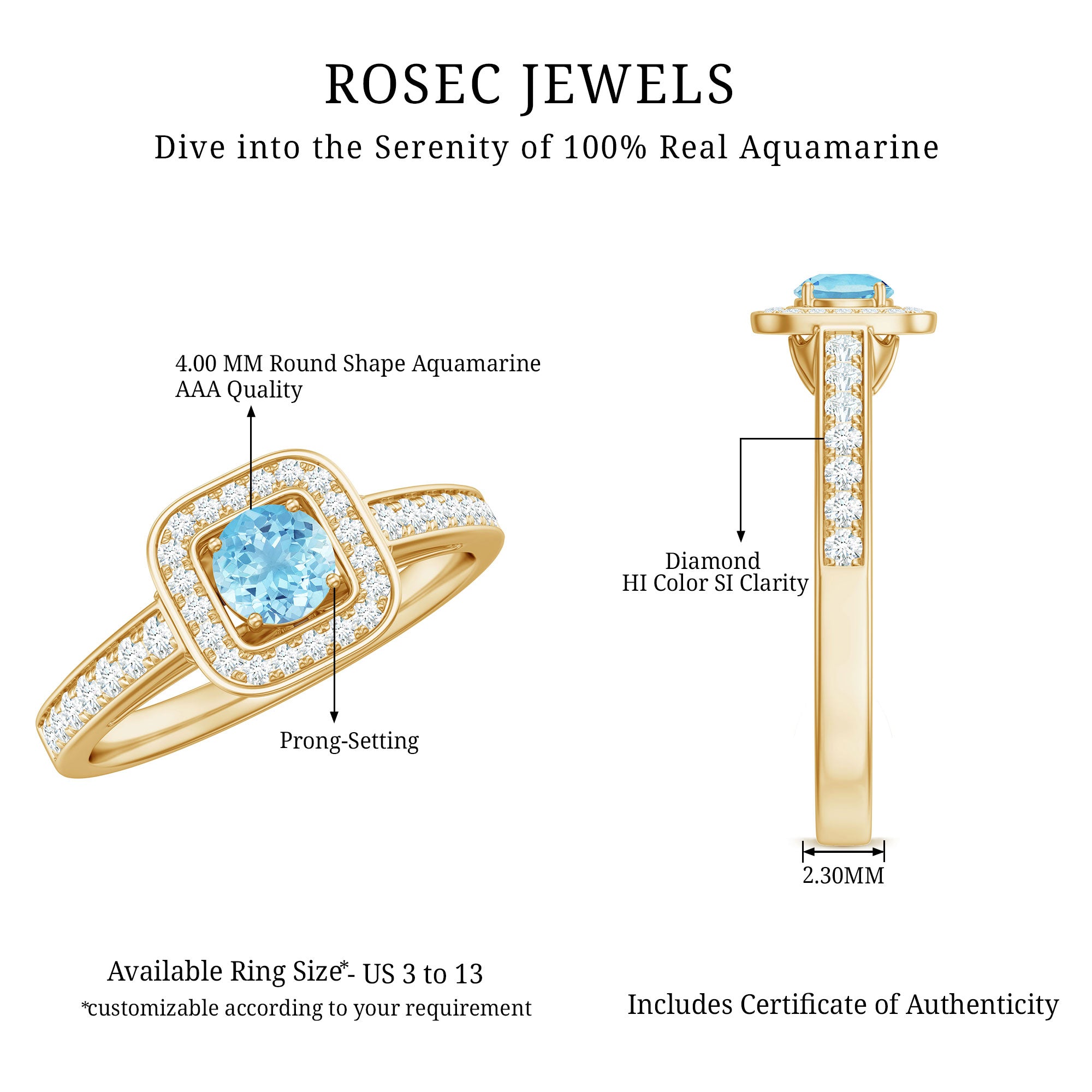 Vintage Looking Aquamarine and Diamond Halo Engagement Ring for Women AAA - Rosec Jewels