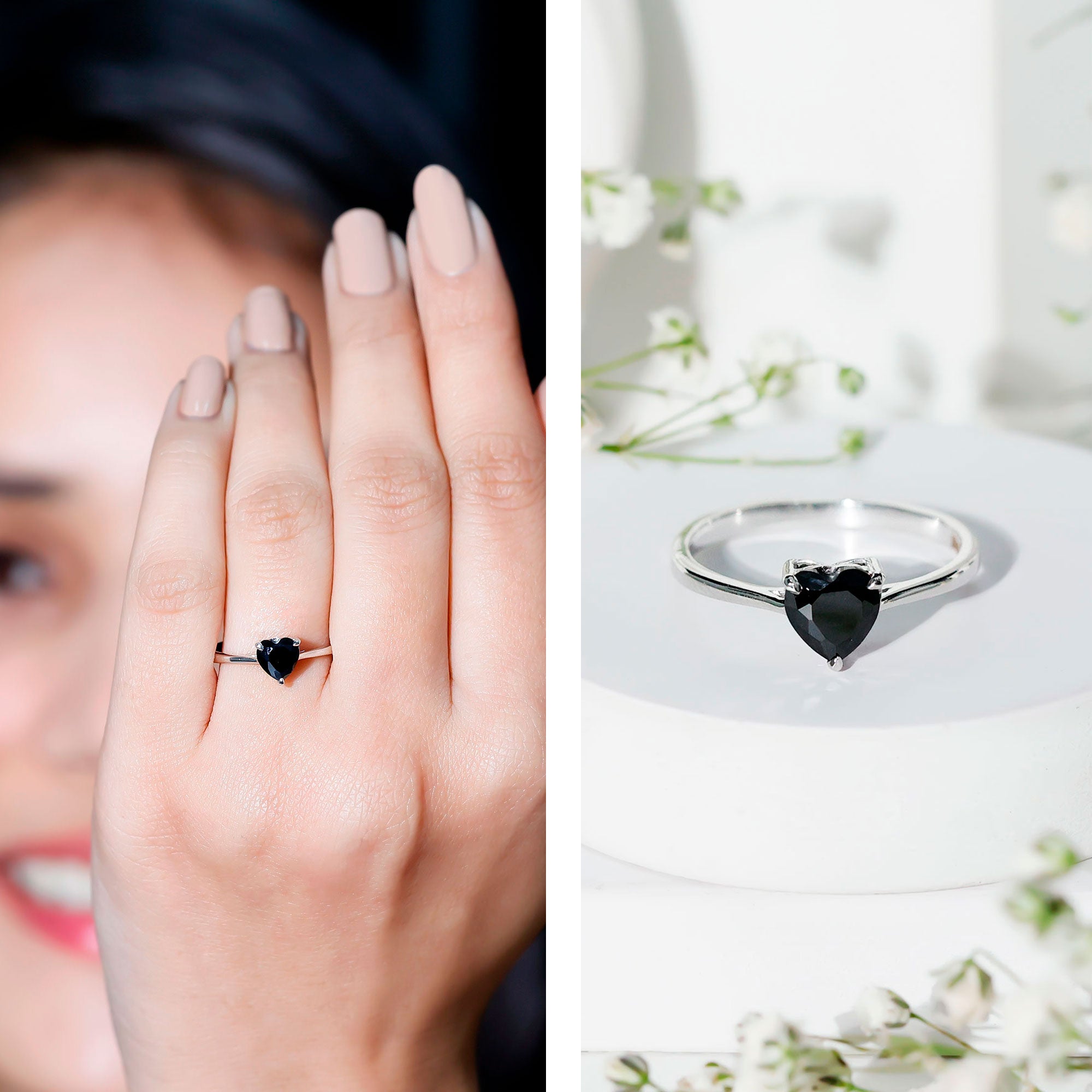 Solitaire Black Onyx Heart Promise Ring for Women AAA - Rosec Jewels