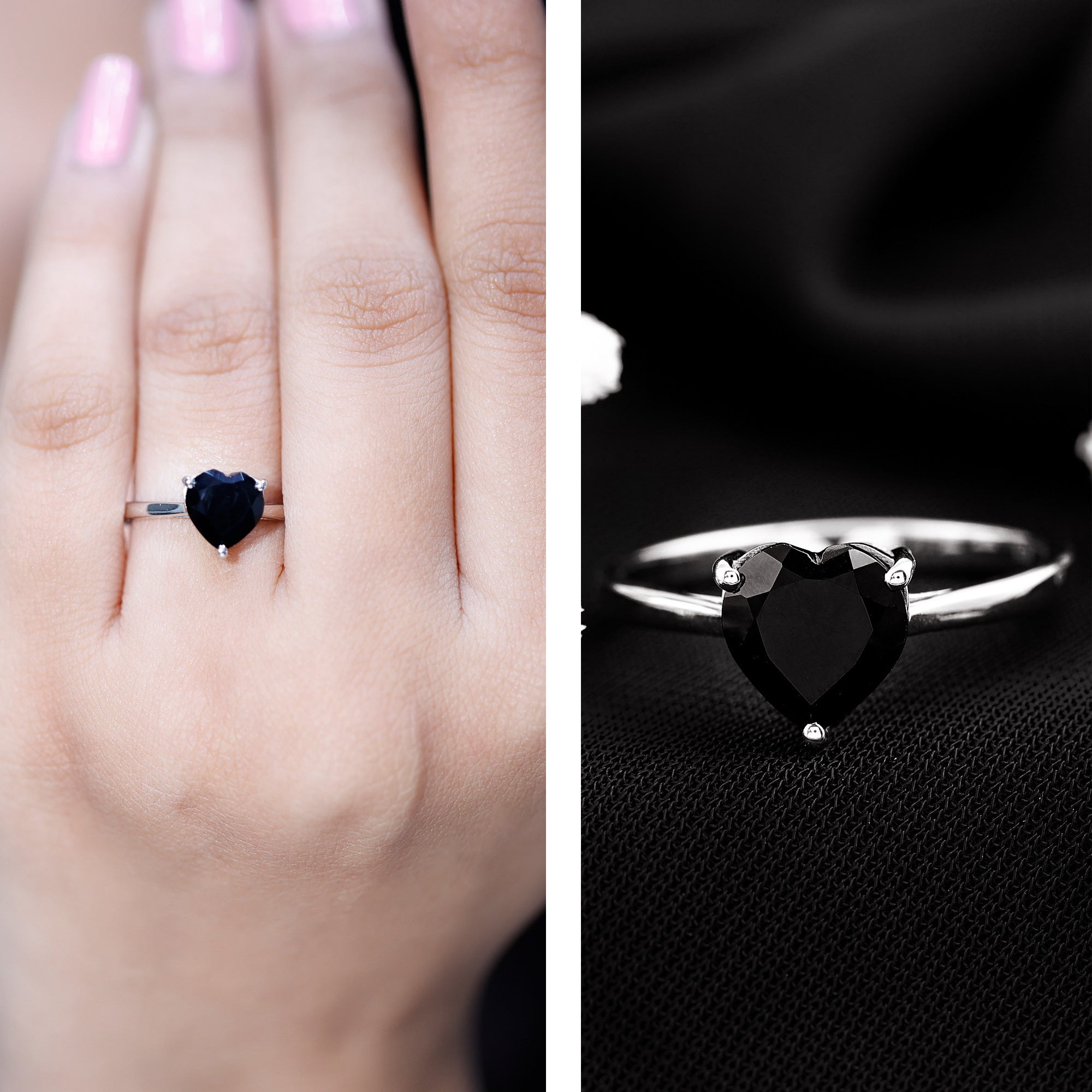 Solitaire Black Onyx Heart Promise Ring for Women AAA - Rosec Jewels