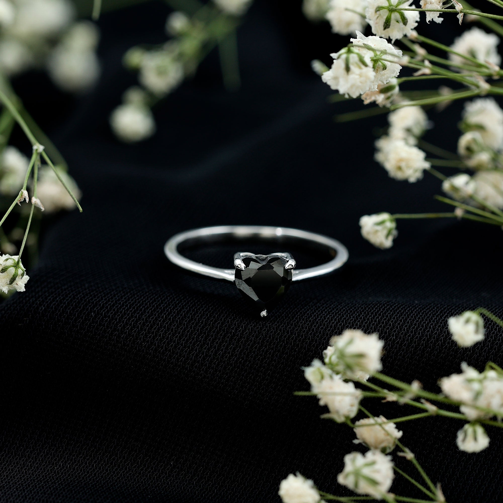 Solitaire Black Onyx Heart Promise Ring for Women AAA - Rosec Jewels