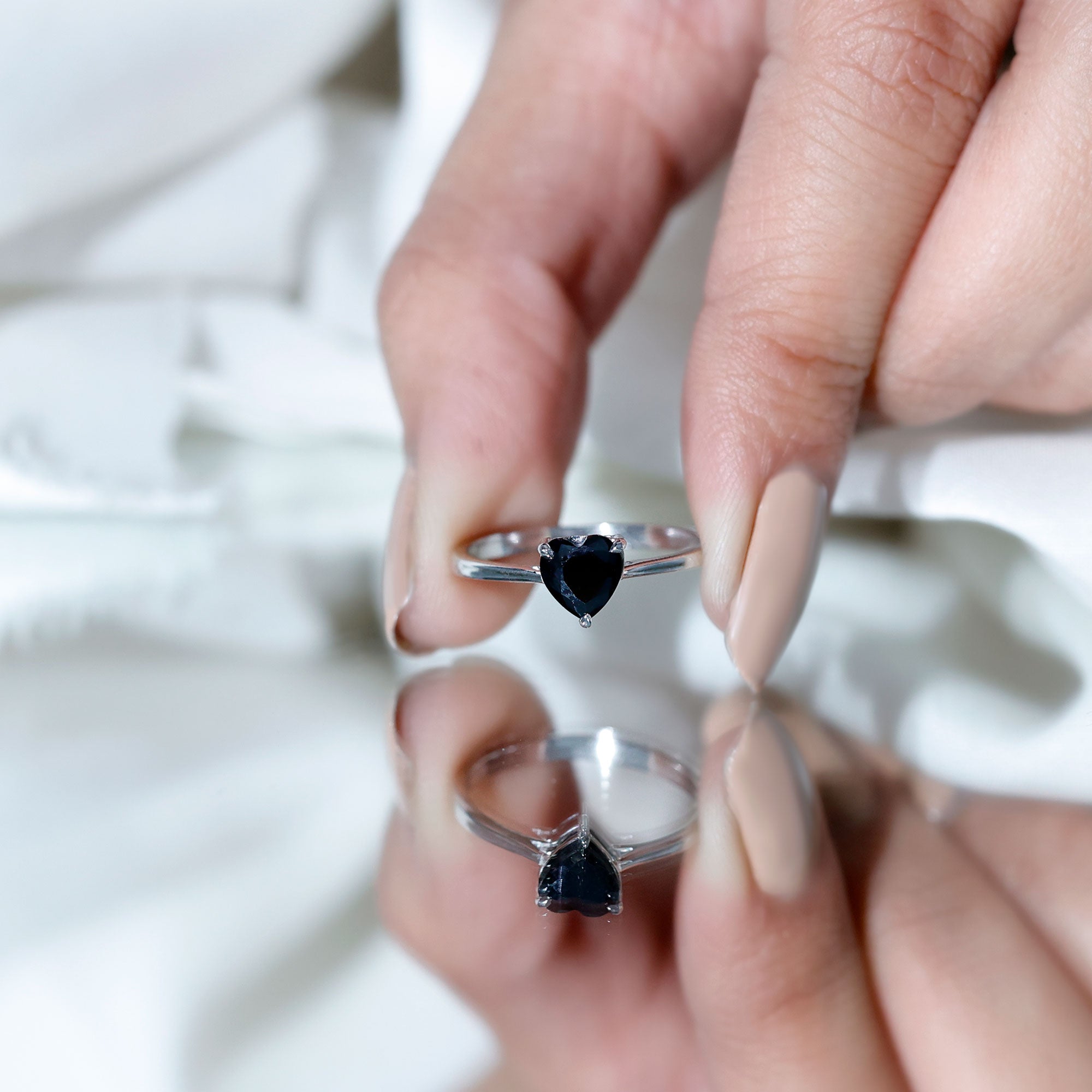 Solitaire Black Onyx Heart Promise Ring for Women AAA - Rosec Jewels
