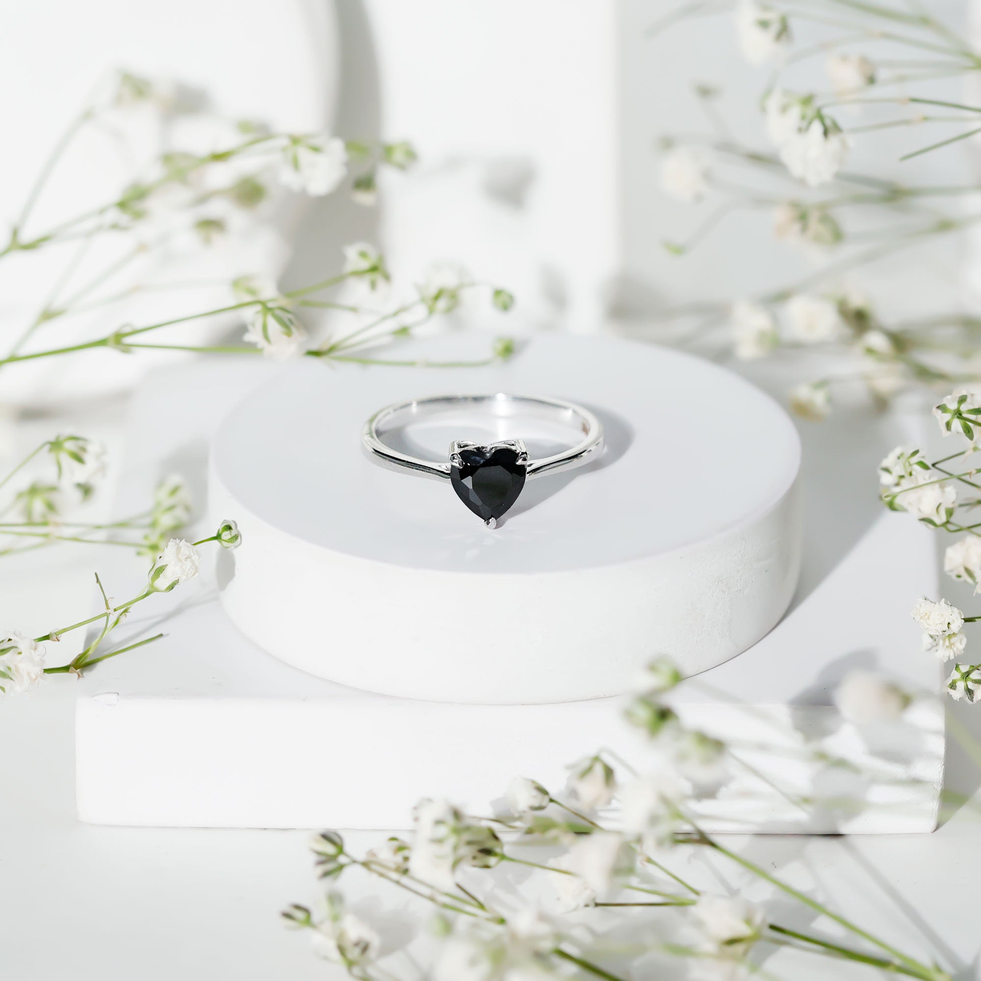 Solitaire Black Onyx Heart Promise Ring for Women AAA - Rosec Jewels