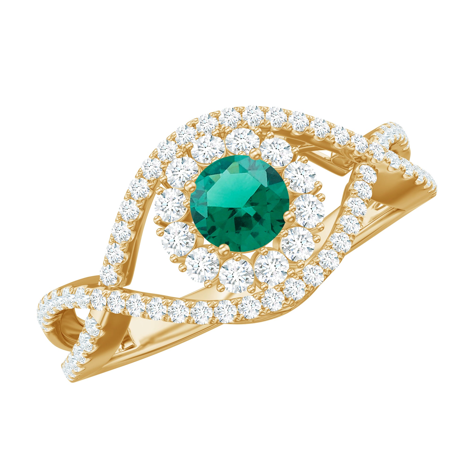Certified Lab Grown Emerald Diamond Halo Engagement Ring with Crossover Shank AAAA - Rosec Jewels
