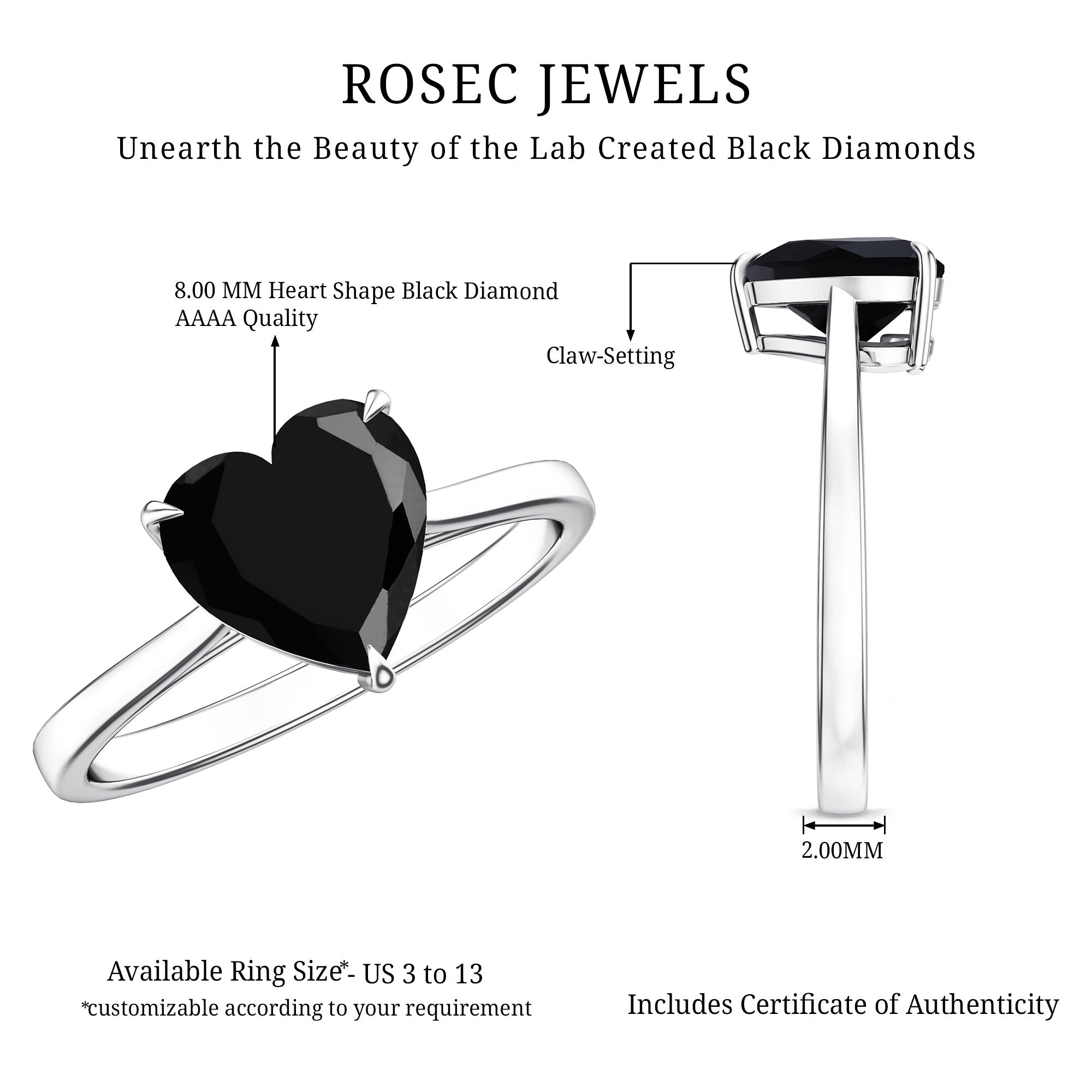 Heart Shaped Created Black Diamond Solitaire Promise Ring AAAA ( Synthetic ) - Rosec Jewels