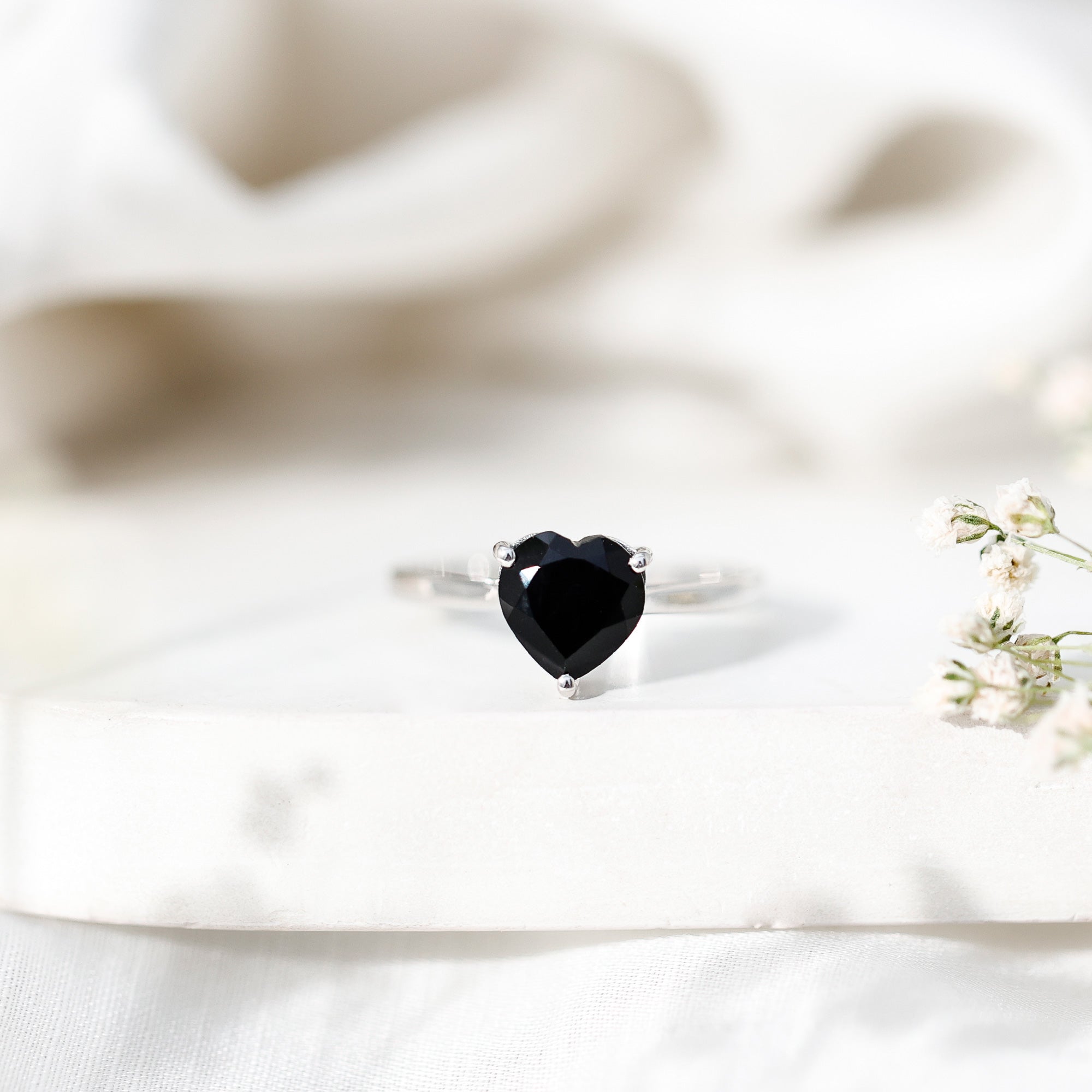 Heart Shaped Created Black Diamond Solitaire Promise Ring AAAA ( Synthetic ) - Rosec Jewels