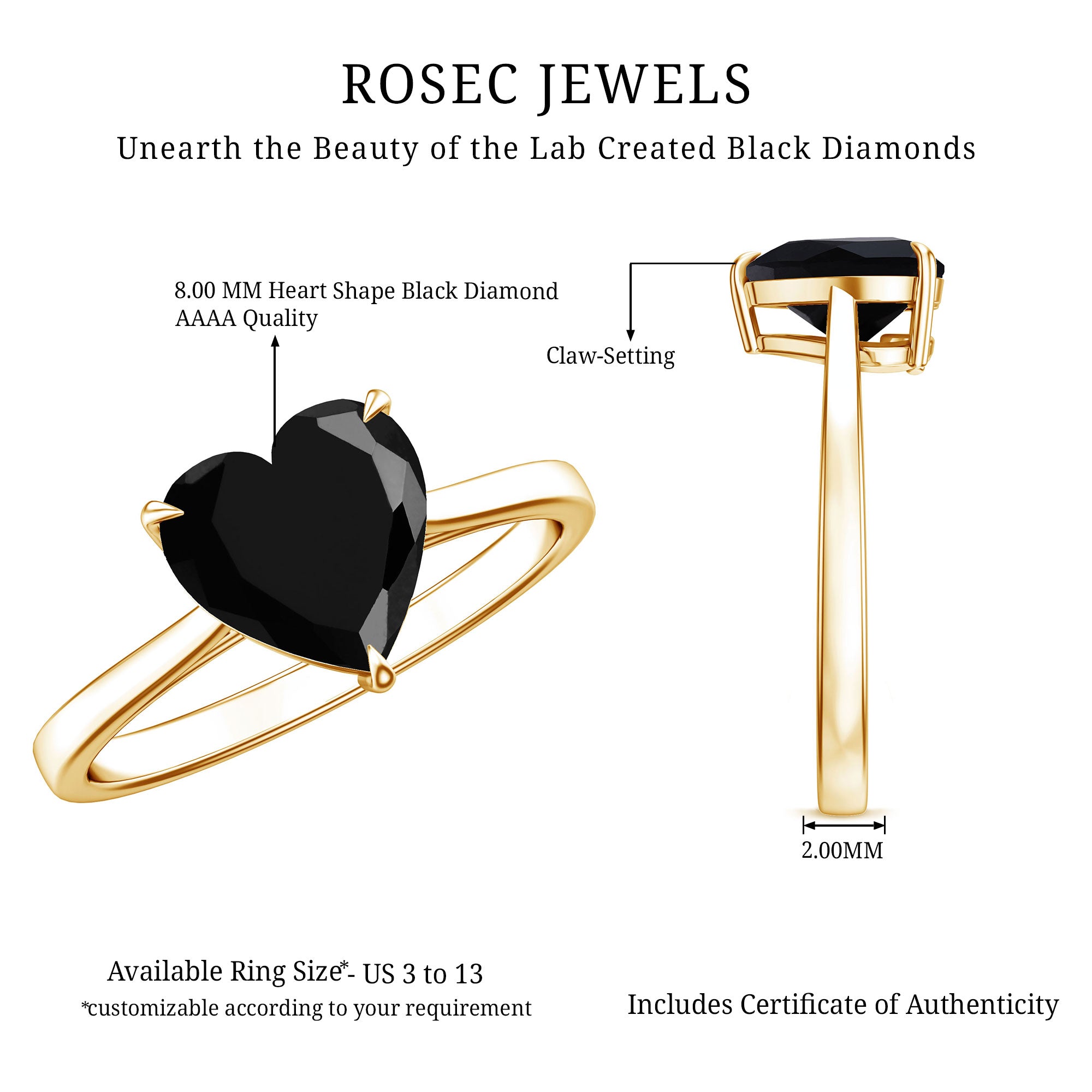 Heart Shaped Created Black Diamond Solitaire Promise Ring AAAA ( Synthetic ) - Rosec Jewels