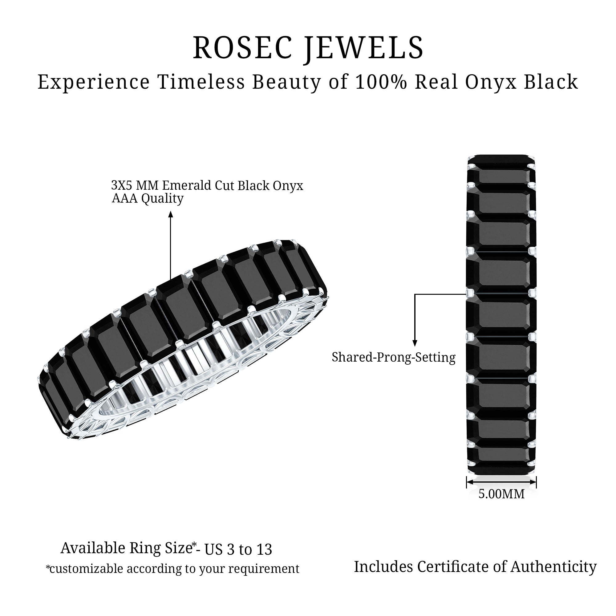 Black Onyx Emerald Cut Eternity Band in Shared Prong Setting AAA - Rosec Jewels