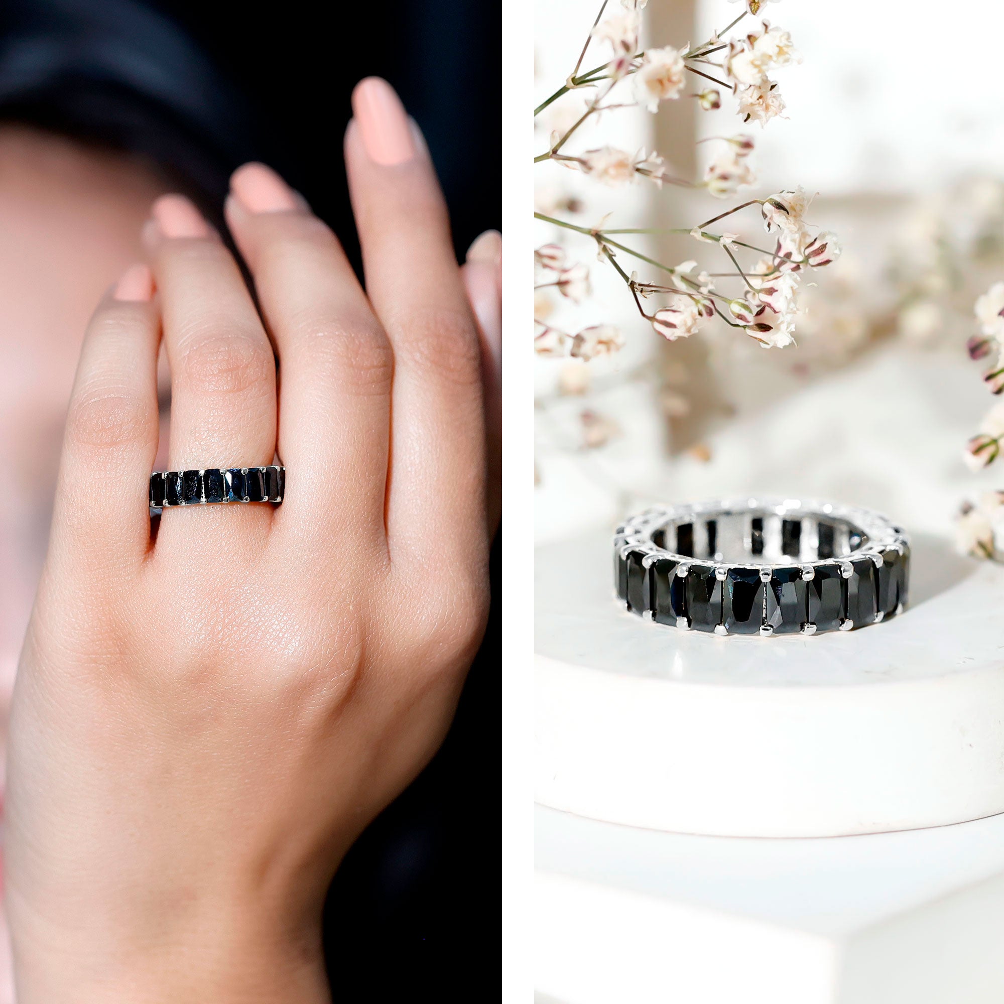 Black Onyx Emerald Cut Eternity Band in Shared Prong Setting AAA - Rosec Jewels